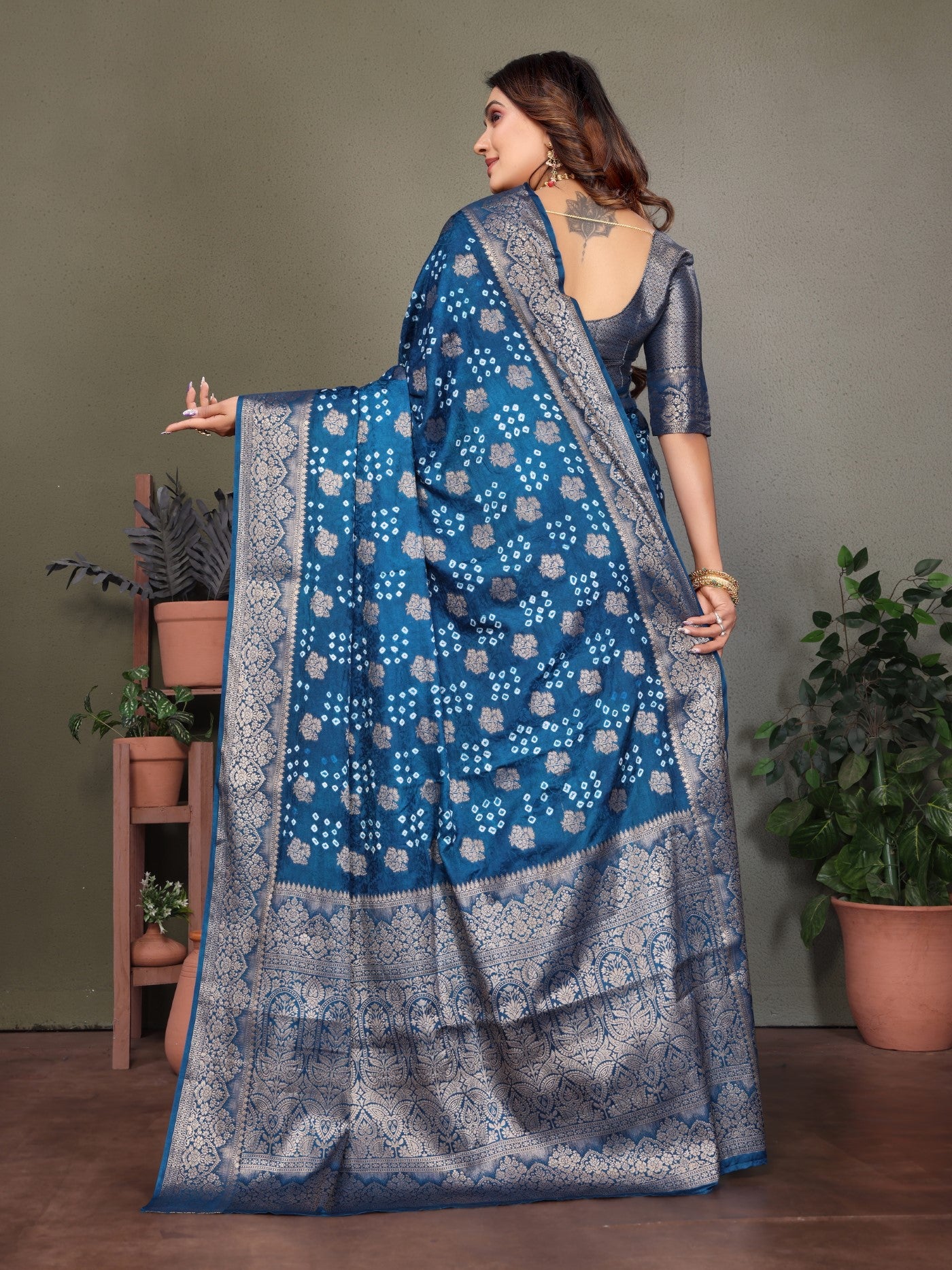Teal Blue Bandhej Silk Saree With Classic Zari Weaving