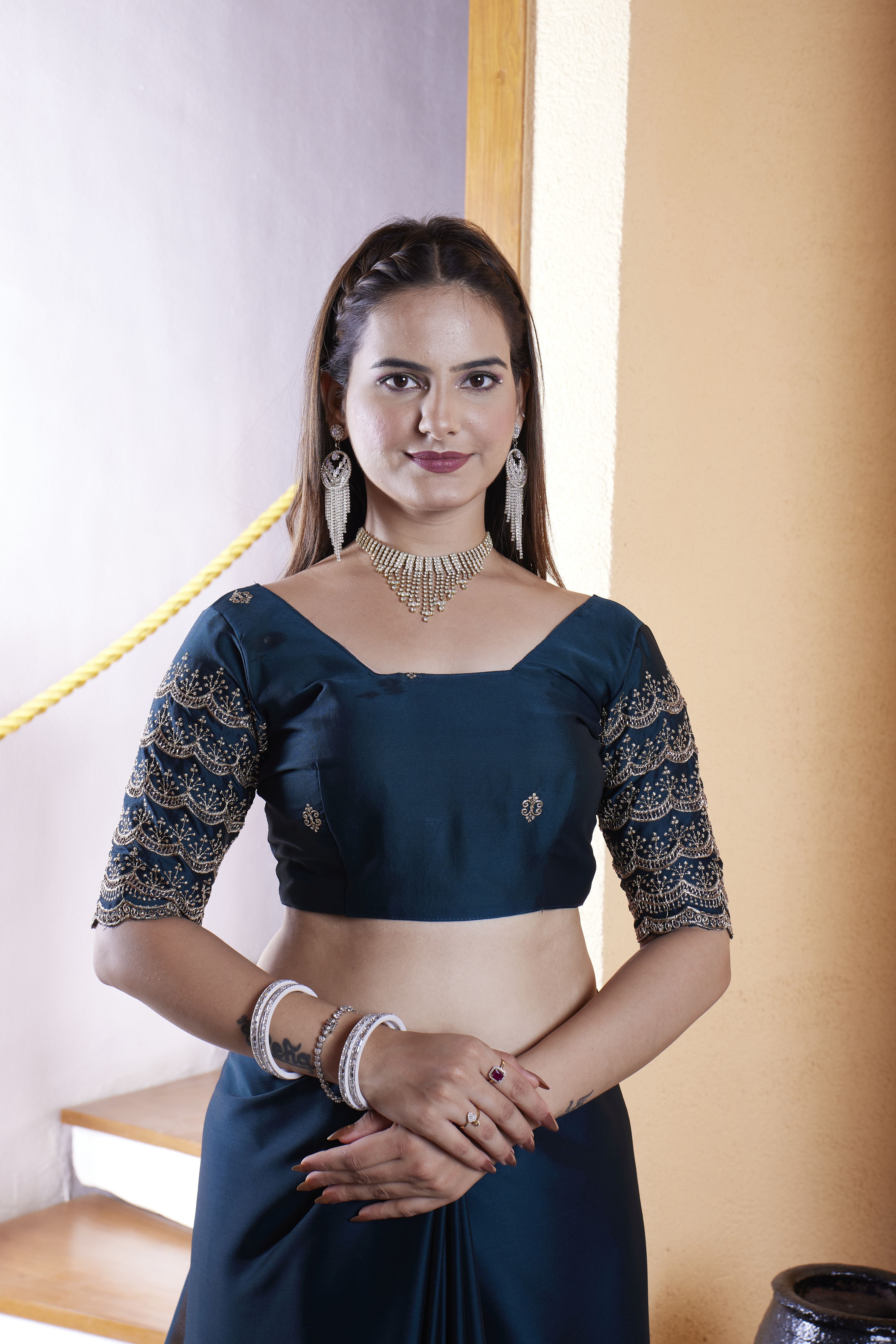 Teal Blue Chiffon Designer Embroidered Ceremonial Saree