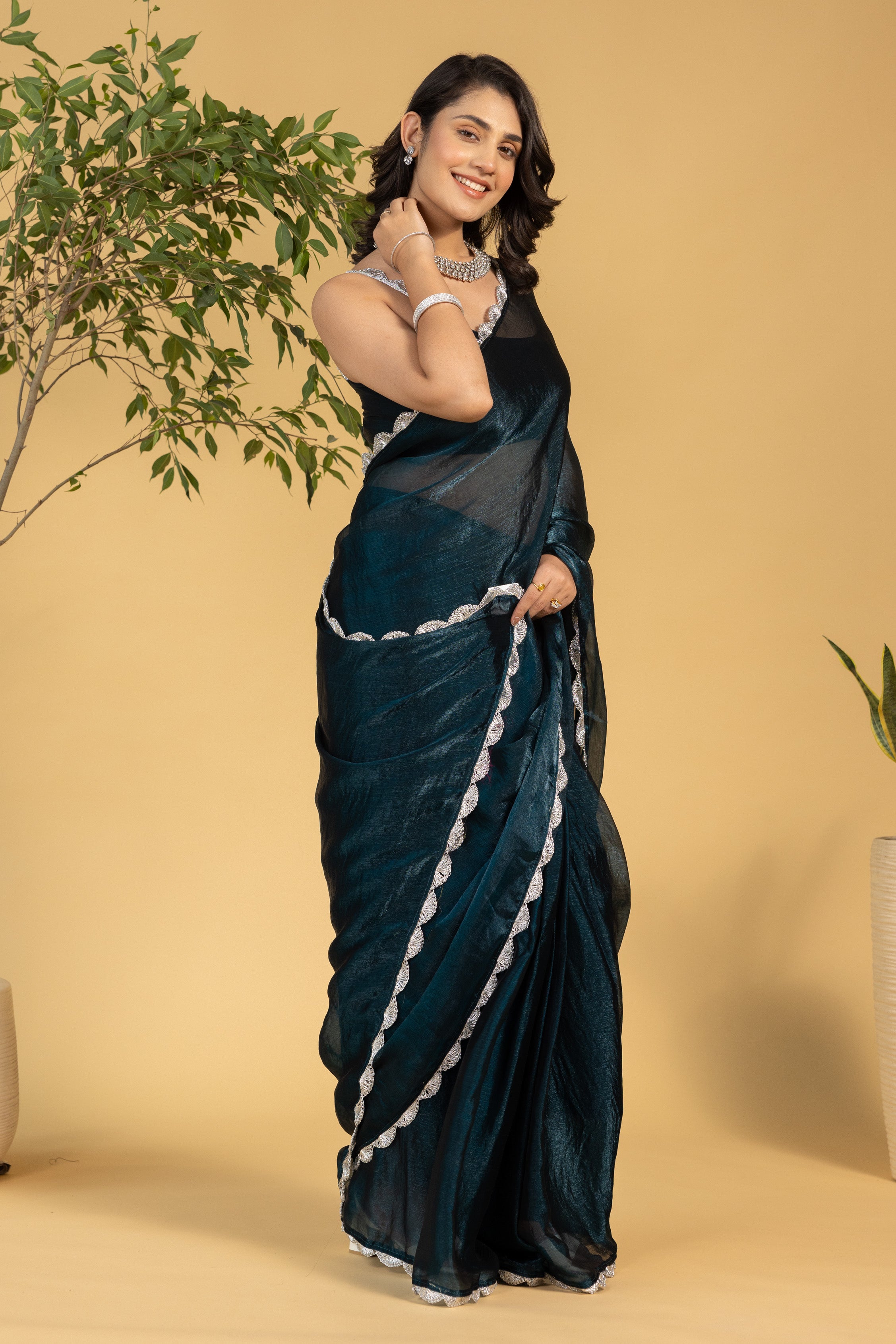 Teal Blue Chiffon Ready To Wear Saree For Graceful Bollywood Style Saree