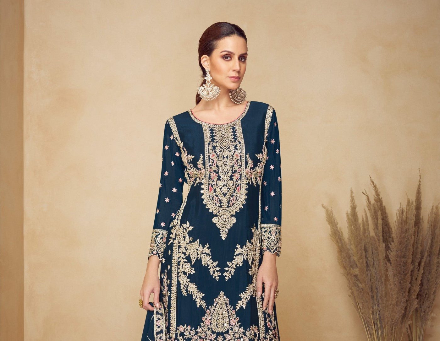 Teal Blue Chinon Designer Suit Set With Elegant Embroidery