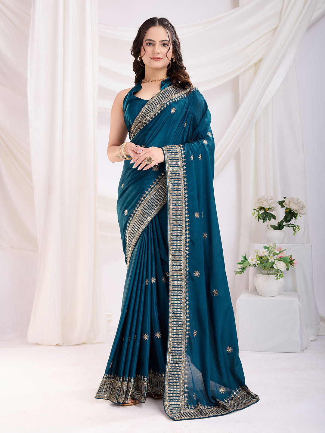 Teal Blue Chinon Silk Desigenr Zari Embroidered Ceremonial Saree