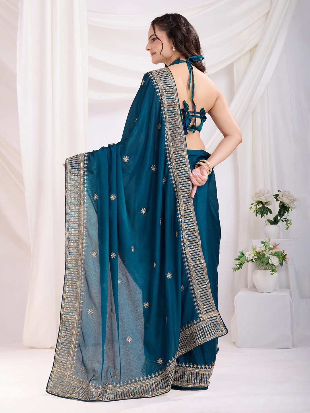 Teal Blue Chinon Silk Desigenr Zari Embroidered Ceremonial Saree
