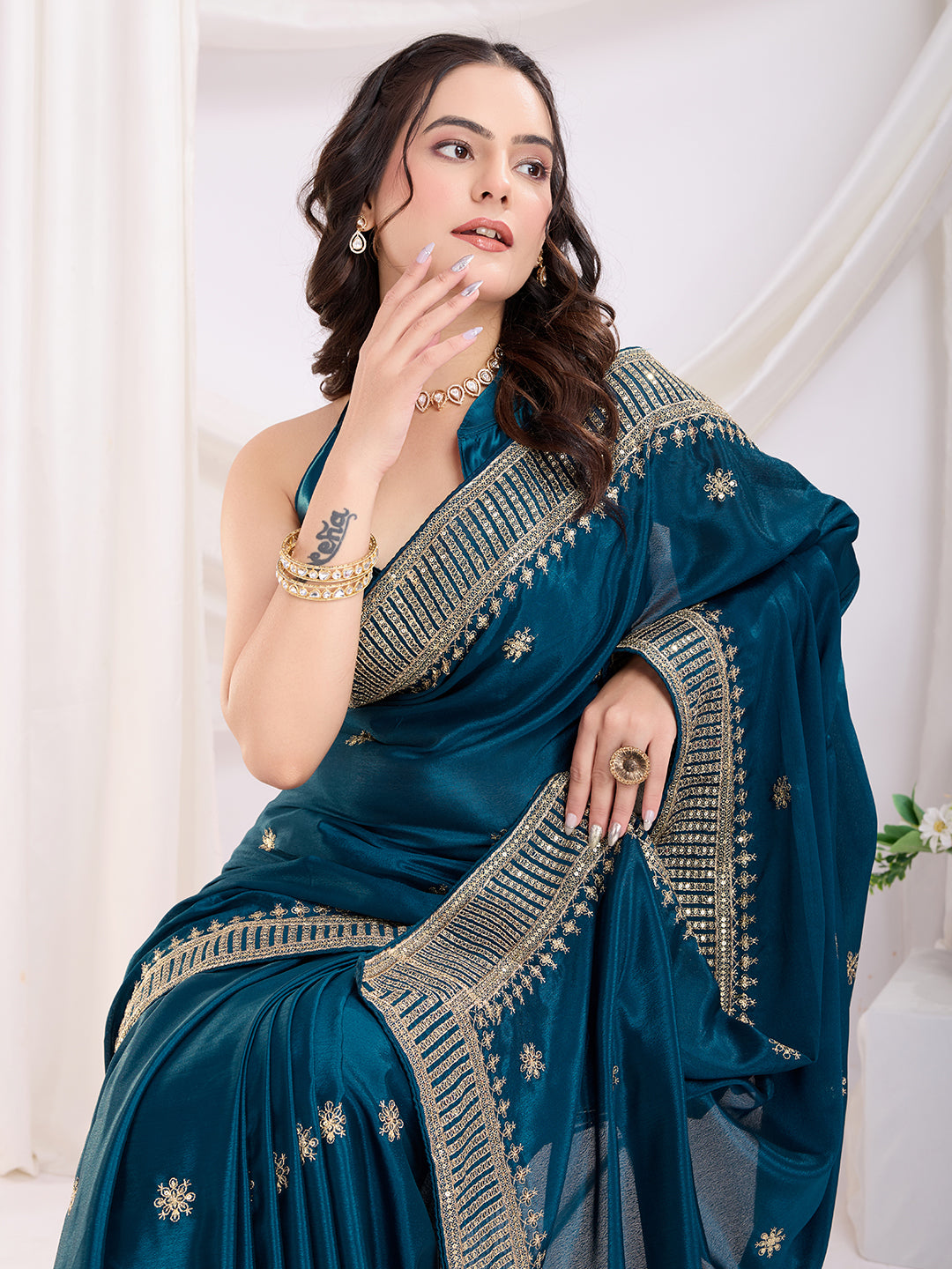 Teal Blue Chinon Silk Desigenr Zari Embroidered Ceremonial Saree