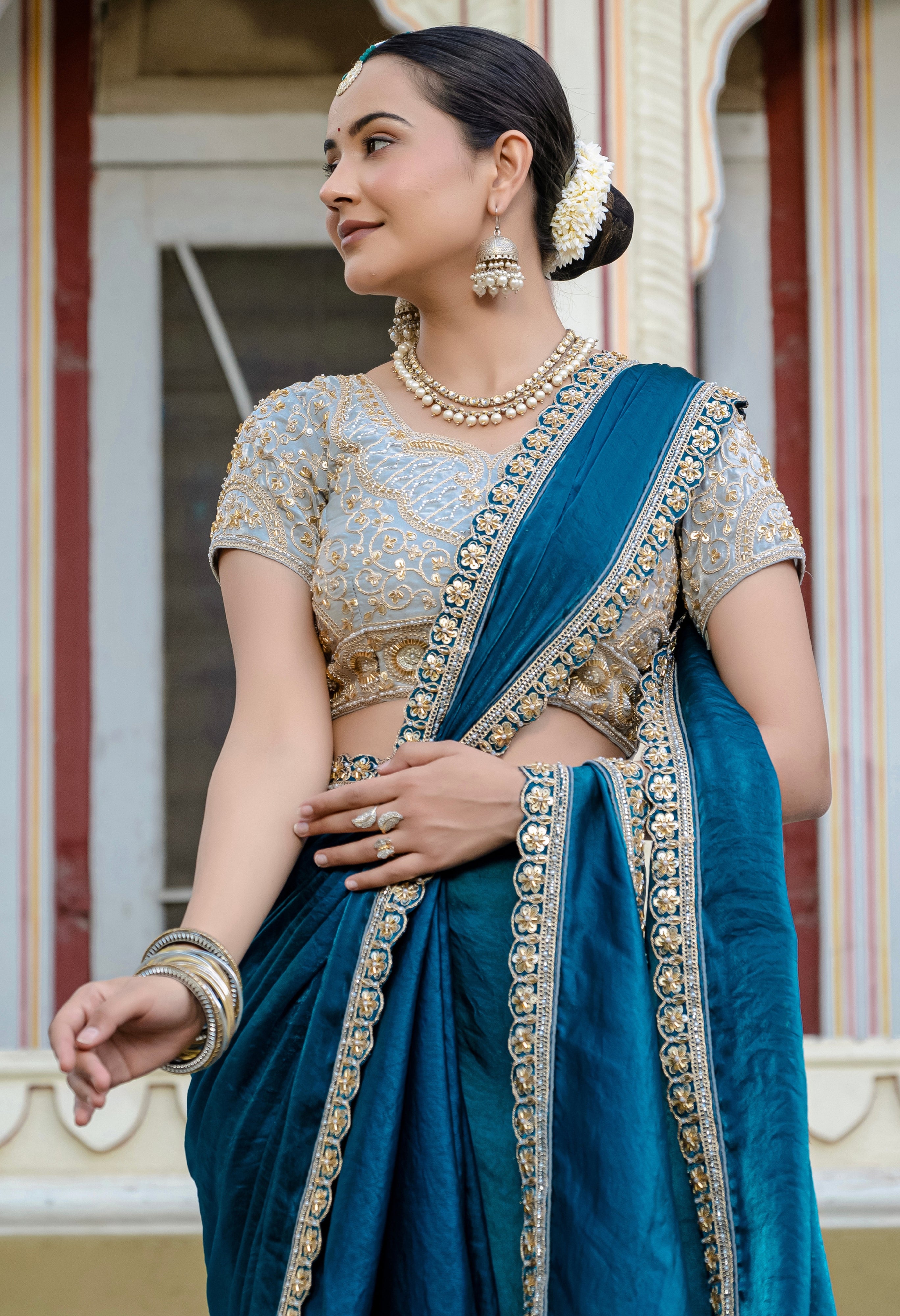 Teal Blue Color  Satin with Velvet Lustre Saree With  Handwork Lace