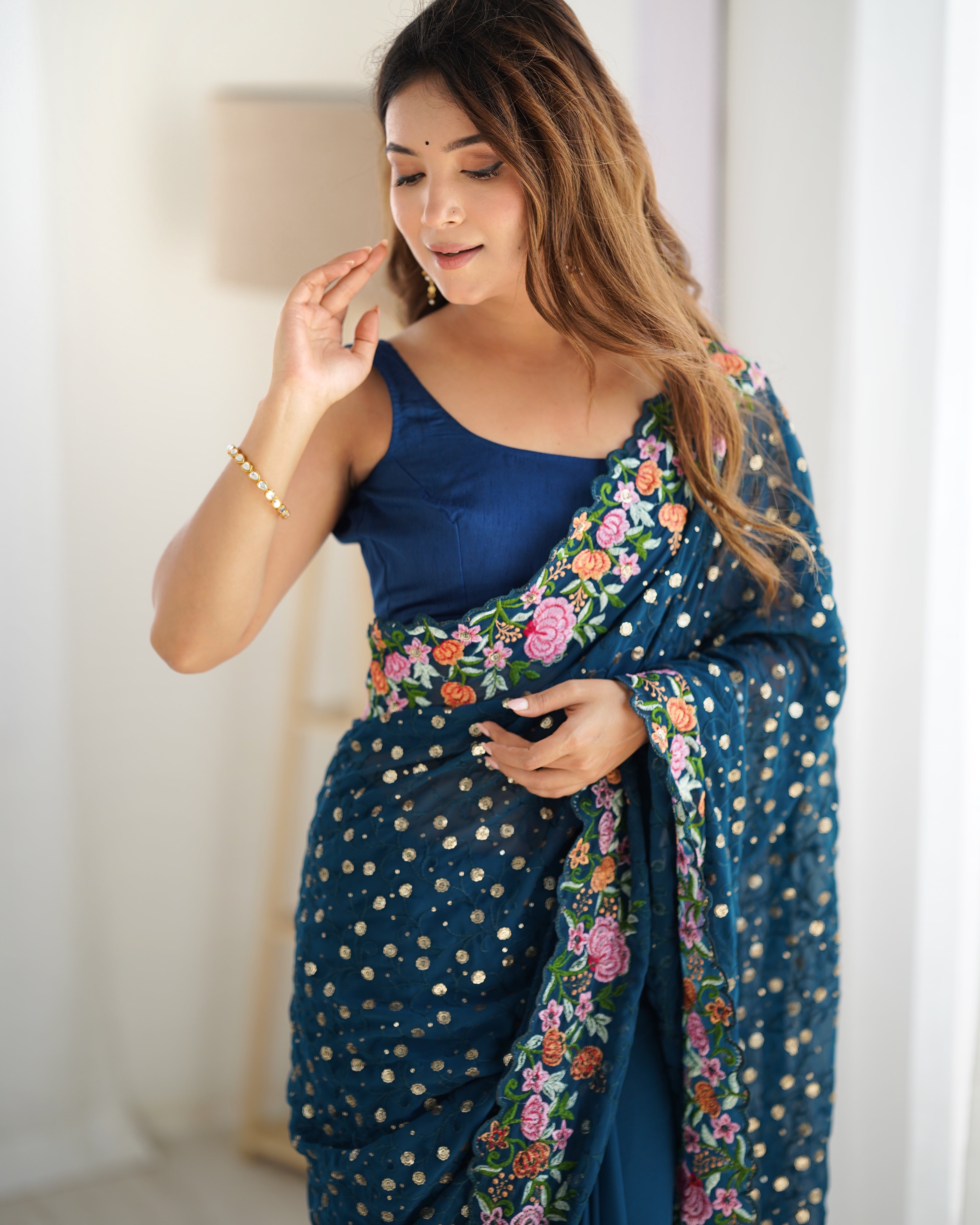 Teal Blue Georgette Fabric Designer Sequins Work Embroidery Saree