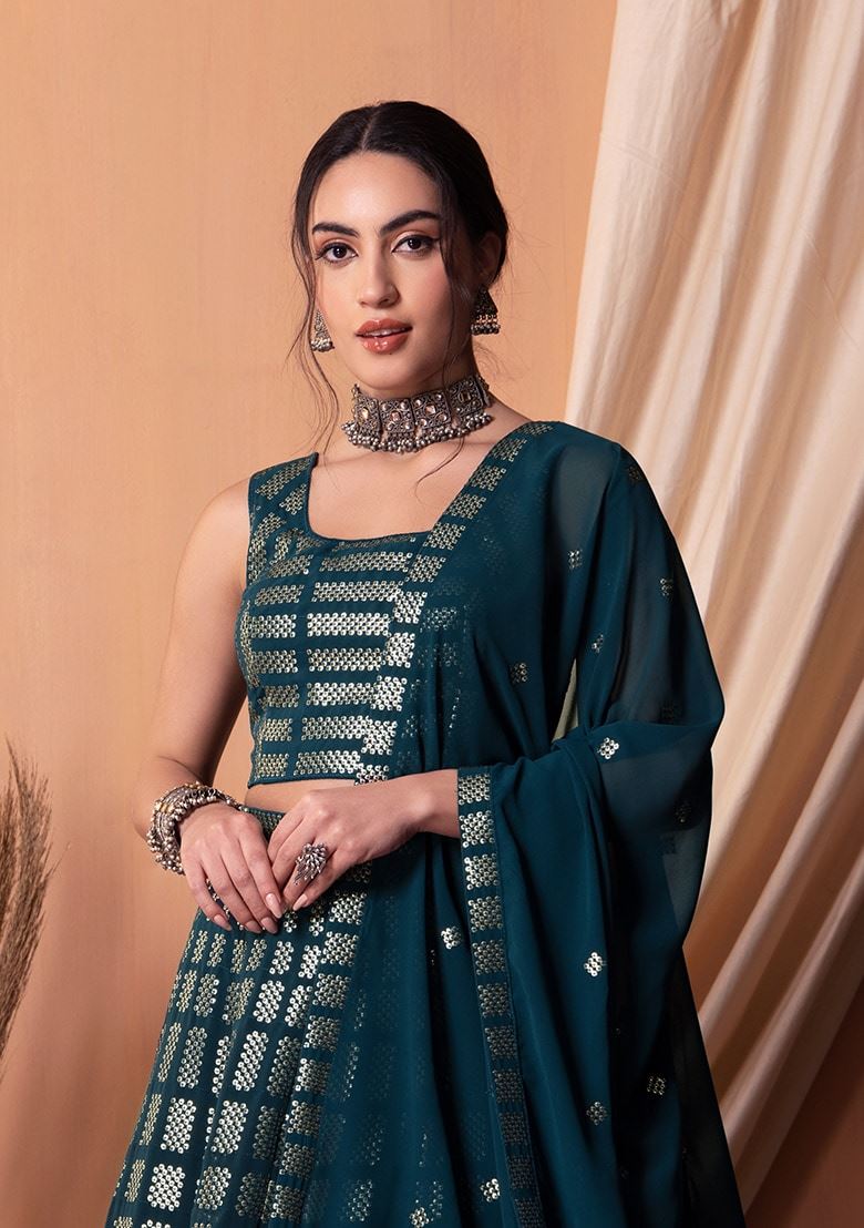 Teal Blue Georgette Lehenga Choli With Sequins & Thread Embroidery Work