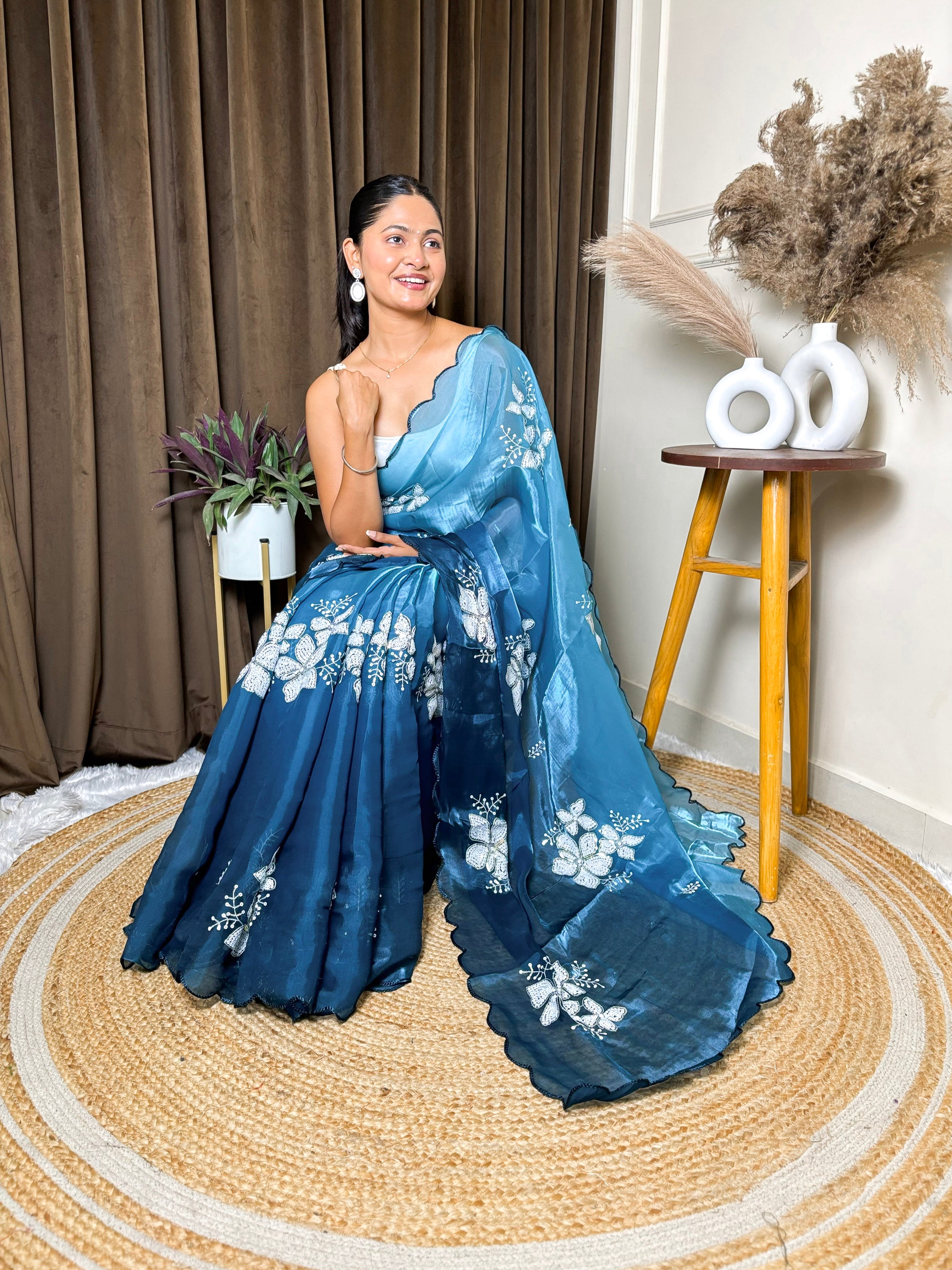 Teal Blue Jimmy Choo Beautiful Sequins Embroidery Work Bollywood Saree