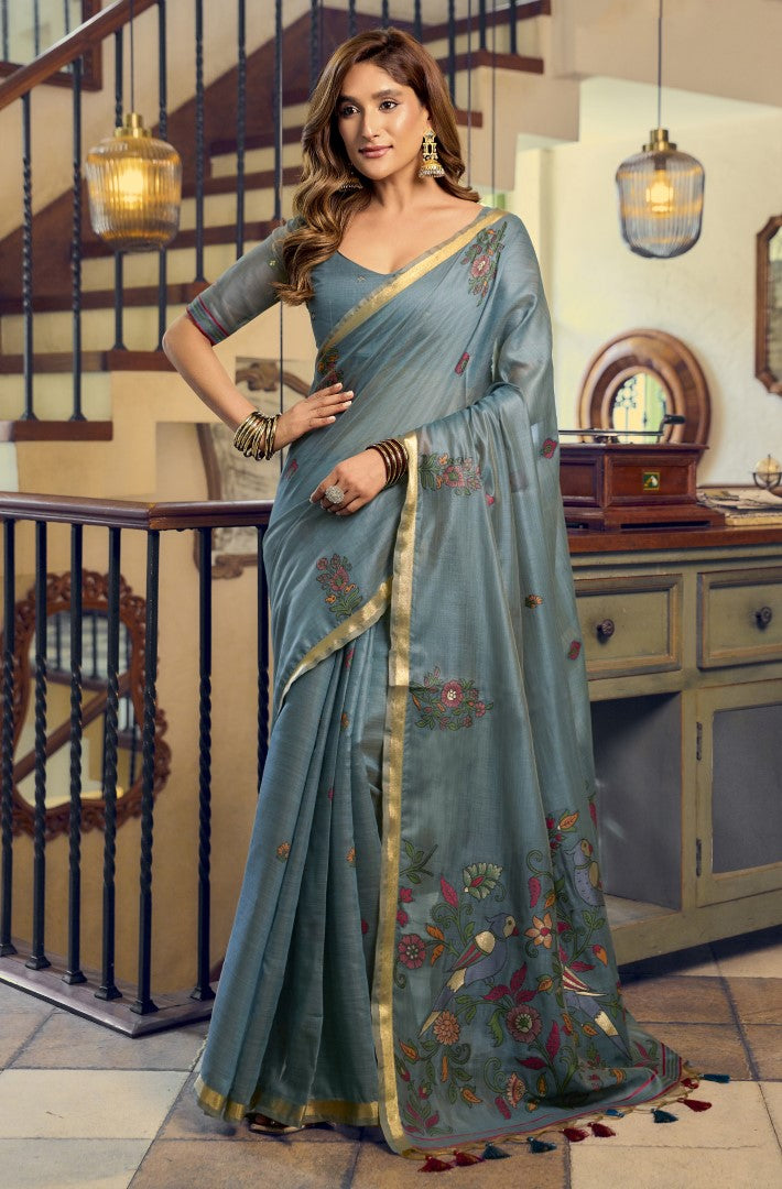 Teal Blue Kolkata Cotton Saree with Litchi Work & Fancy Tassels