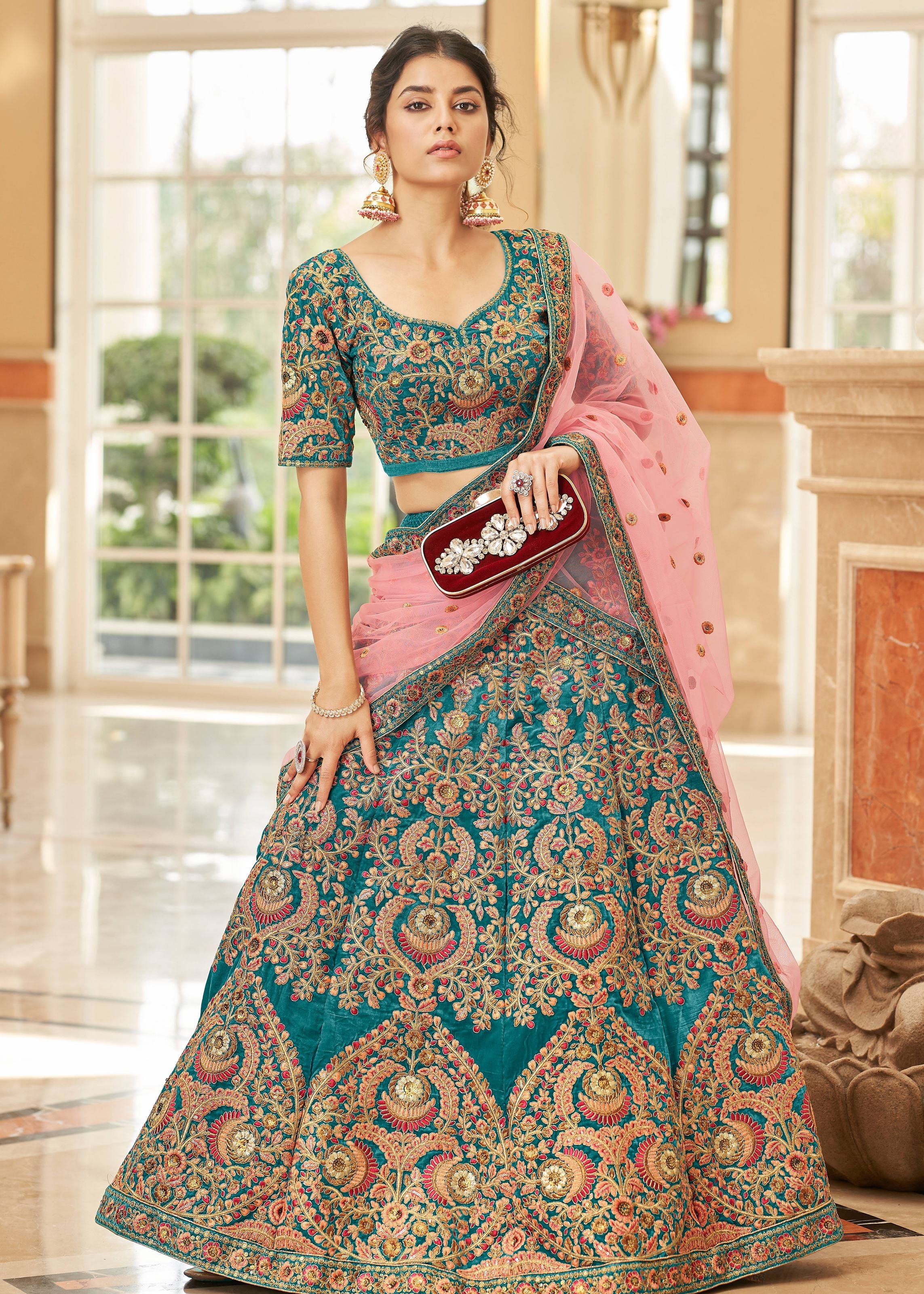 Teal Blue Lehenga Choli With Thread, Zari, Dori And Sequins Embroidery Work