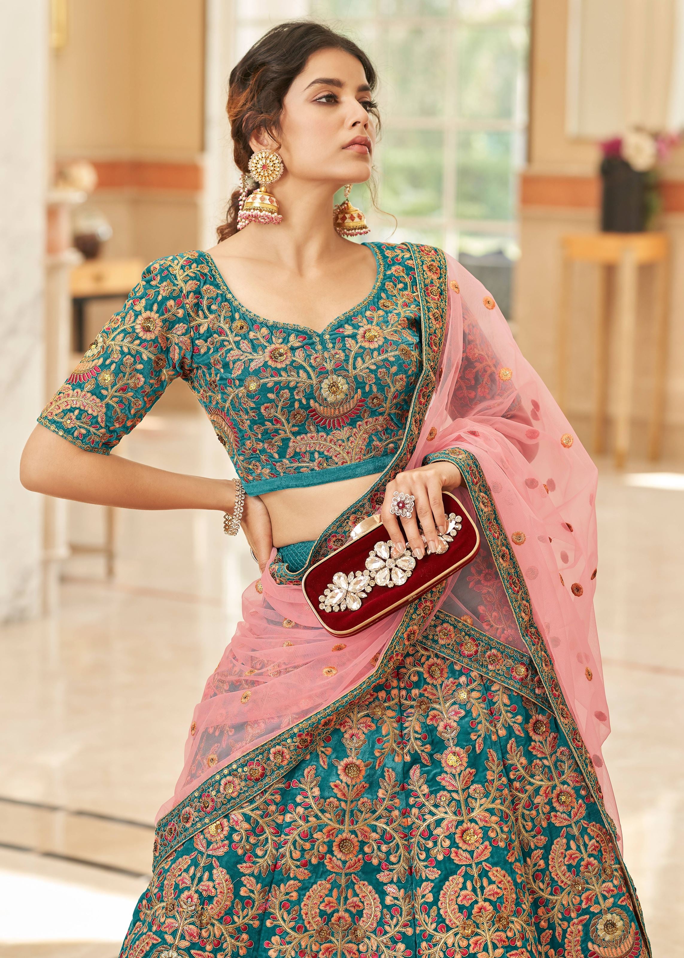 Teal Blue Lehenga Choli With Thread, Zari, Dori And Sequins Embroidery Work