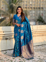 Teal Blue Moonga Silk Woven Dual Jari Peacock Designer Heavy Festive Wear Saree