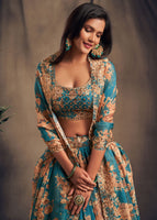 Teal Blue Organza Lehenga Choli With Sequins Zari Embroidery Work