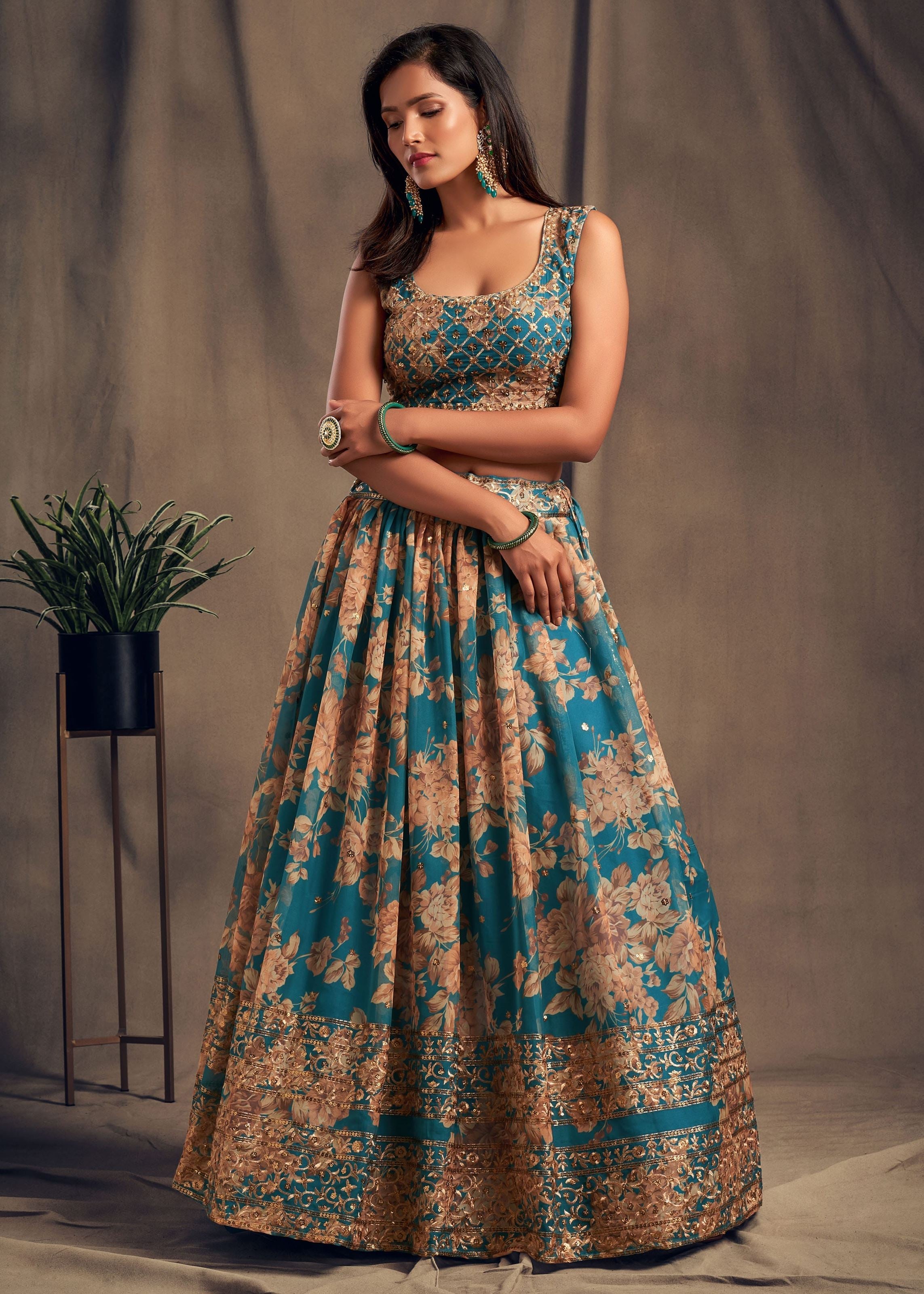 Teal Blue Organza Lehenga Choli With Sequins Zari Embroidery Work
