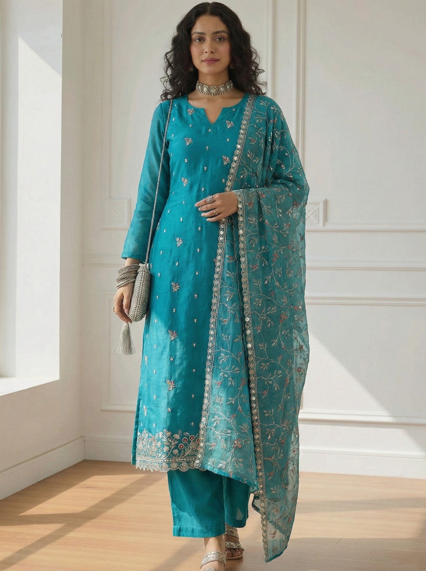 Teal Blue Organza Salwar Suit With Thread Embroidery
