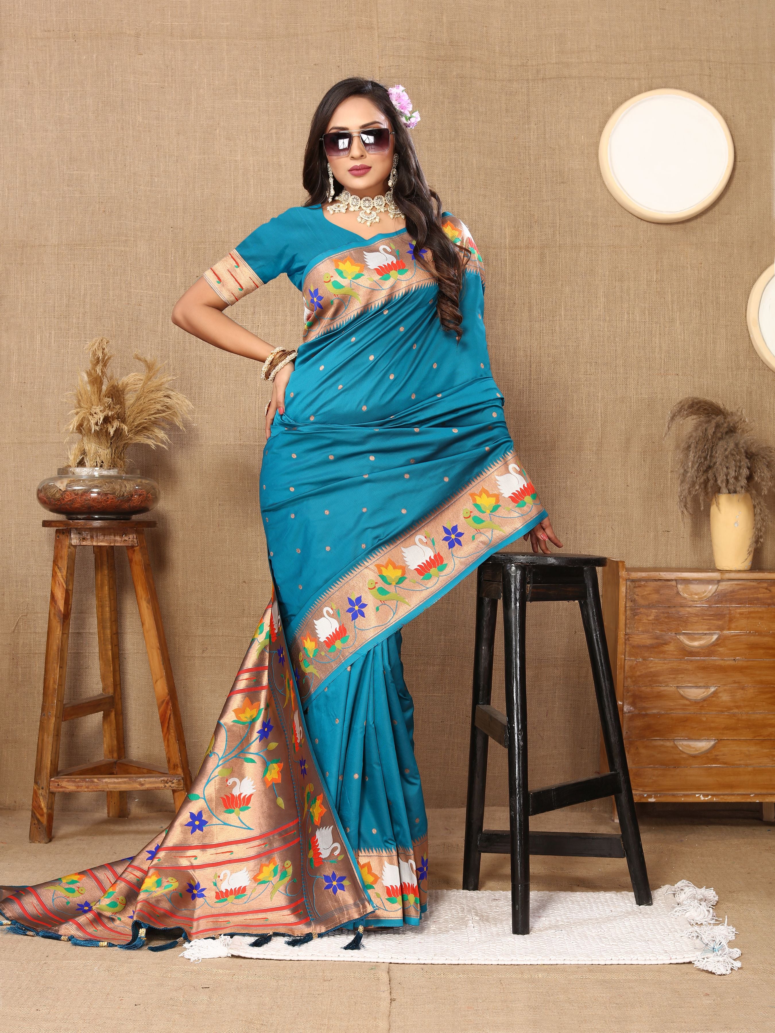 Teal Blue Paithani Silk Woven Meenakari Paithani Designer Saree