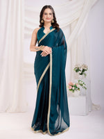 Teal Blue Rangoli Silk Pre Stitched Solid Printed Saree With Lace Border