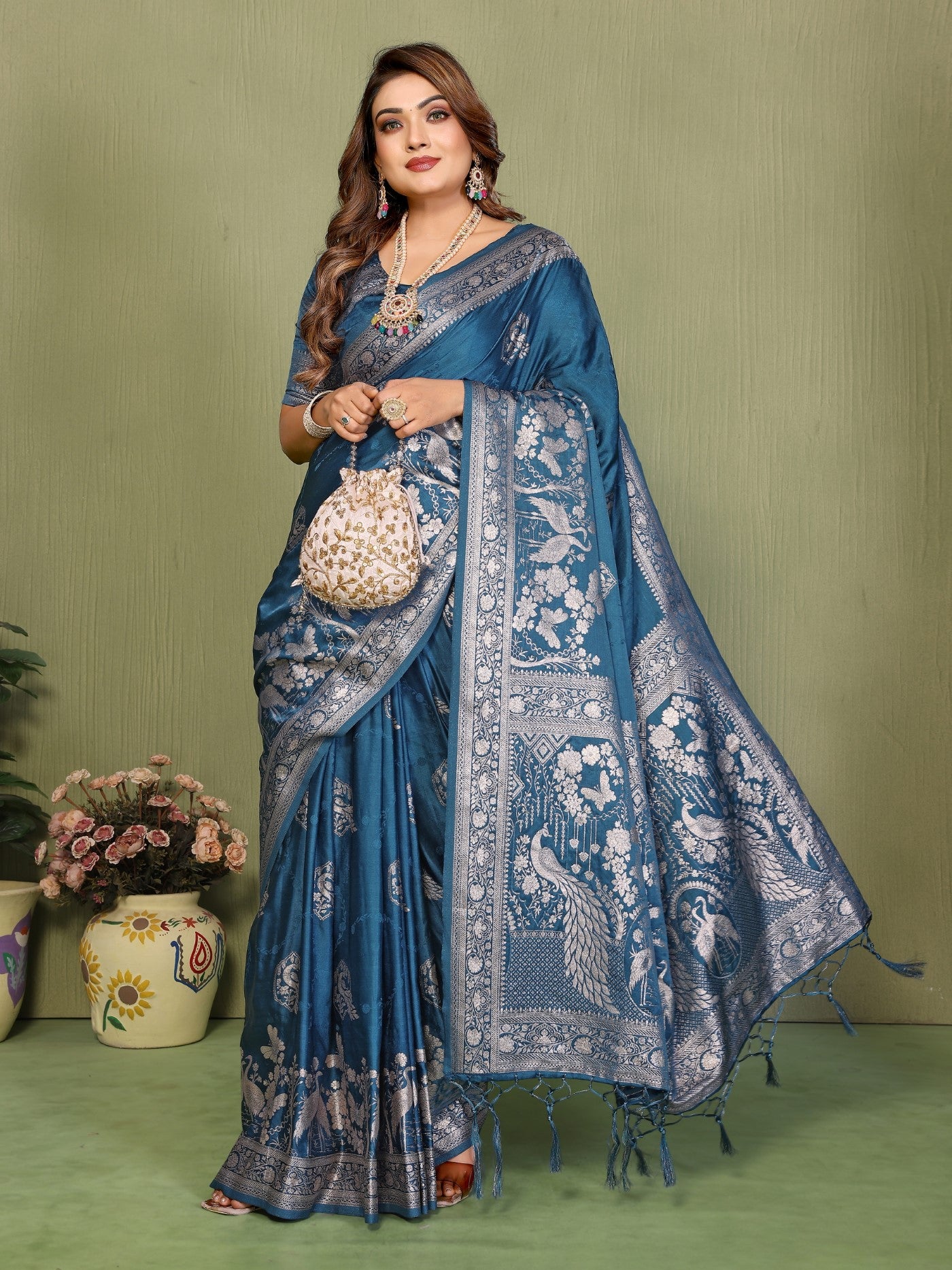 Teal Blue Satin Silk Saree With Elegant Zari Weaving Butta