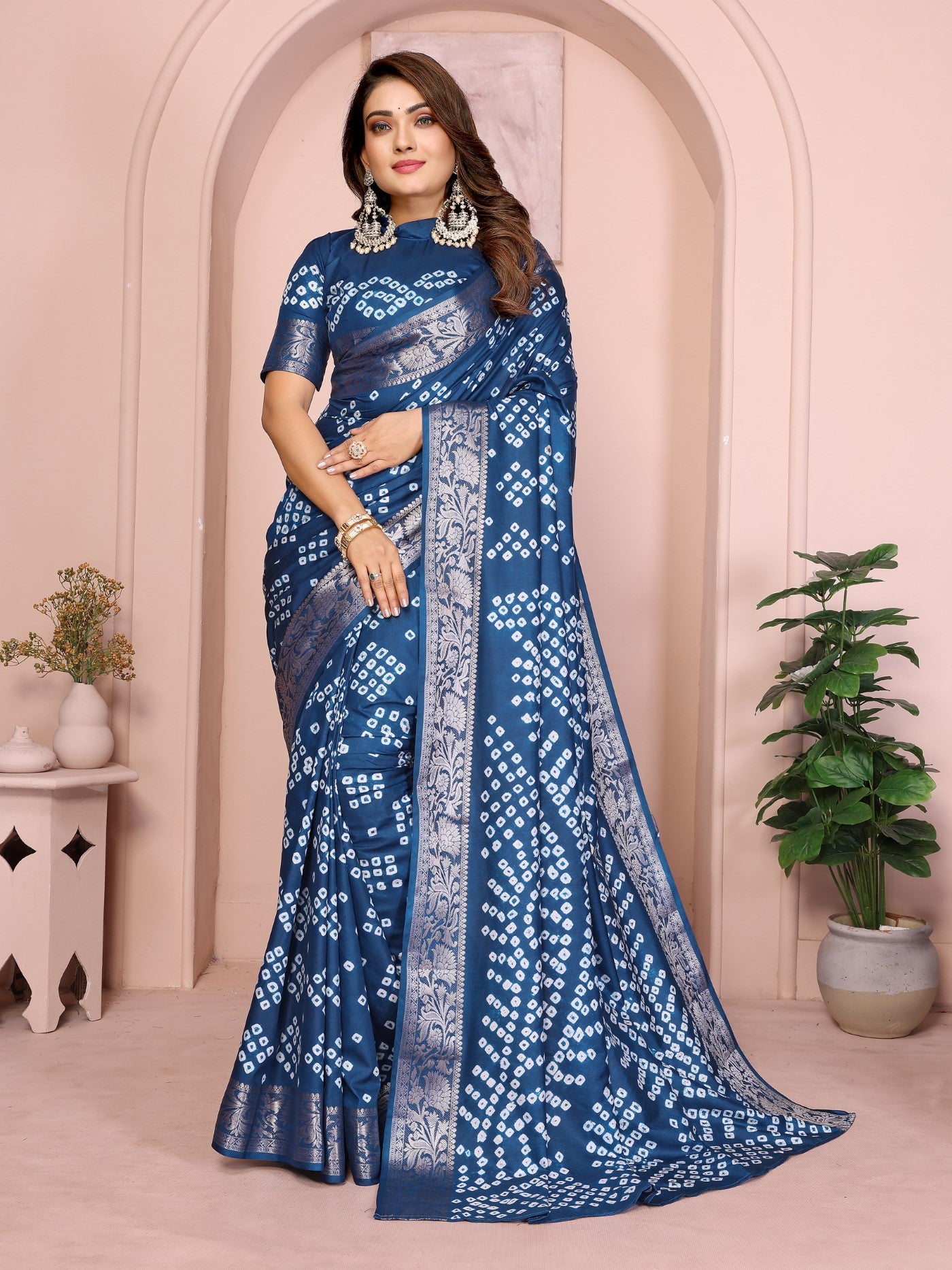 Teal Blue Silk Saree With Bandhej And Traditional Zari Weaving