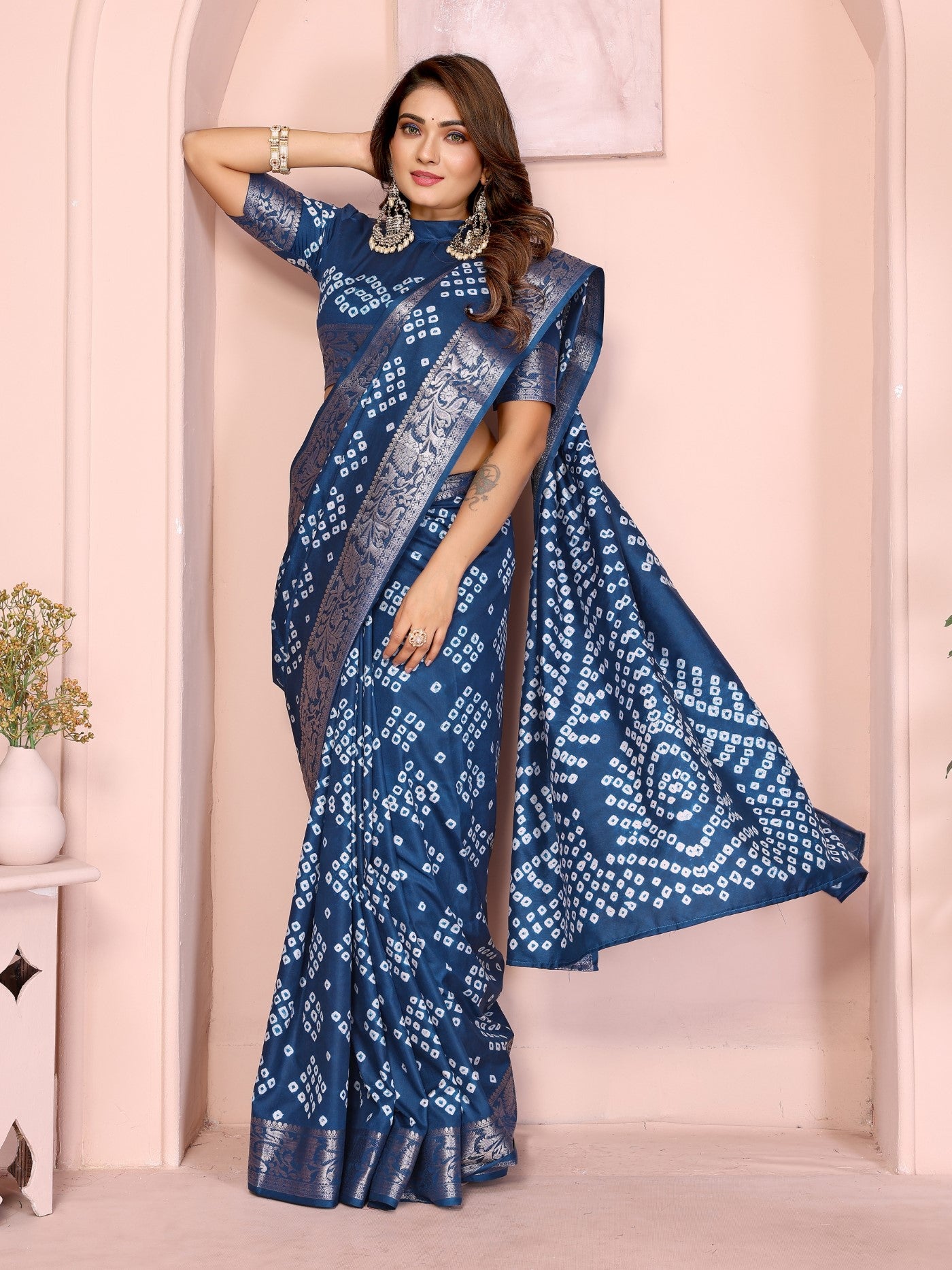 Teal Blue Silk Saree With Bandhej And Traditional Zari Weaving