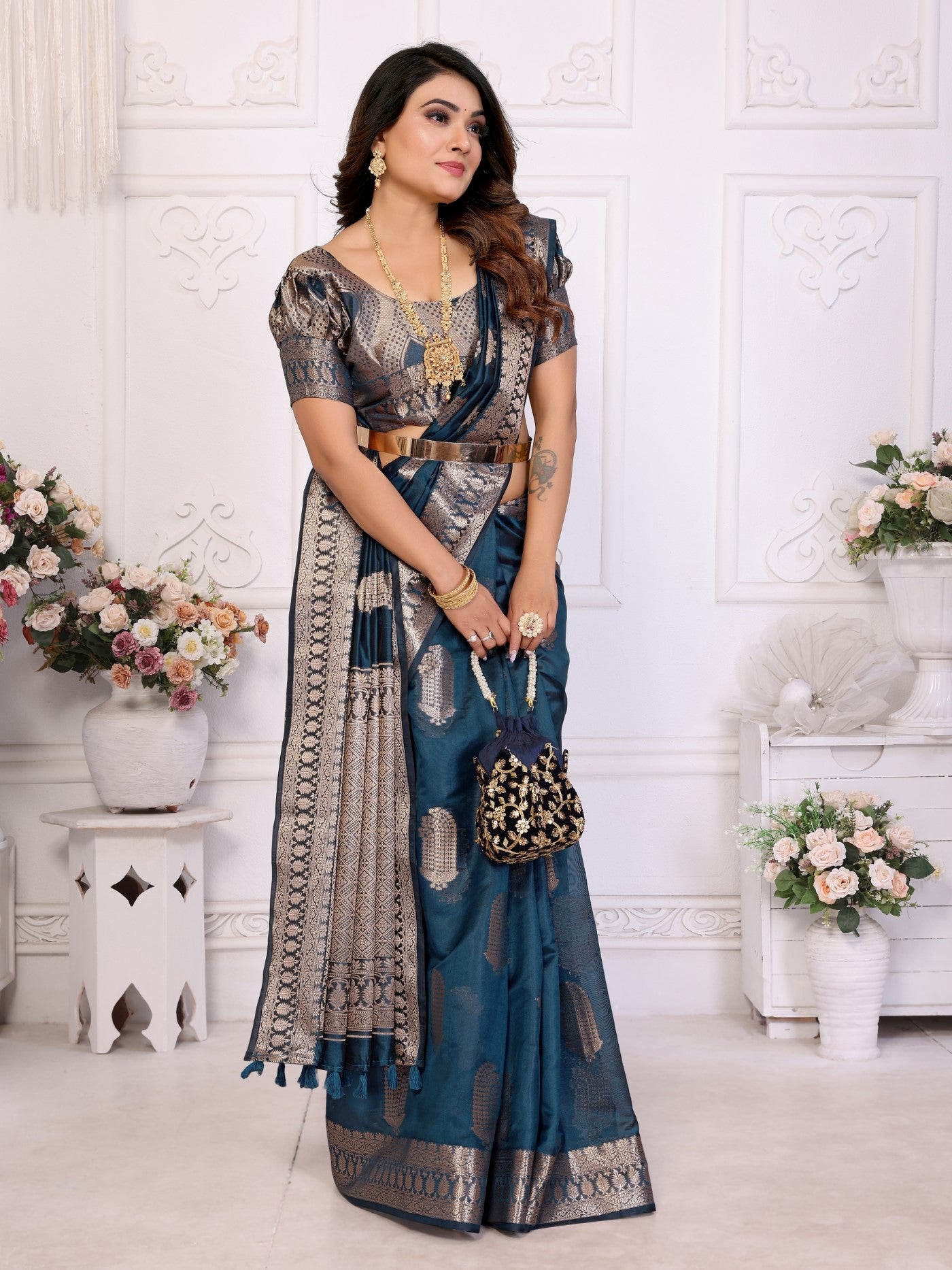 Teal Blue Soft Organza Silk Saree With Elegant Weaving