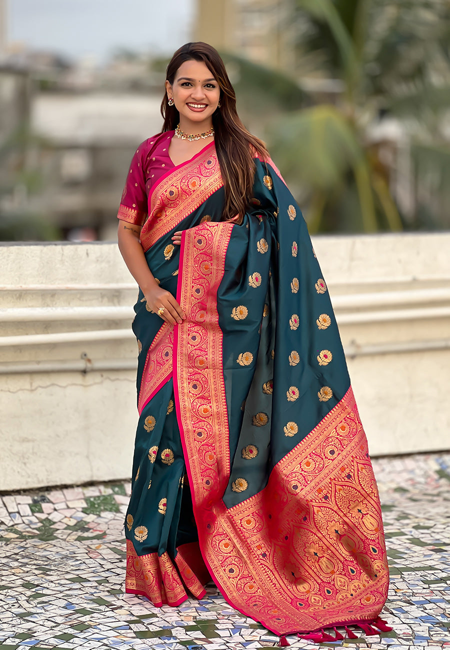 Teal Blue Soft Silk Woven Meenakari Designer Trending Partywear Saree