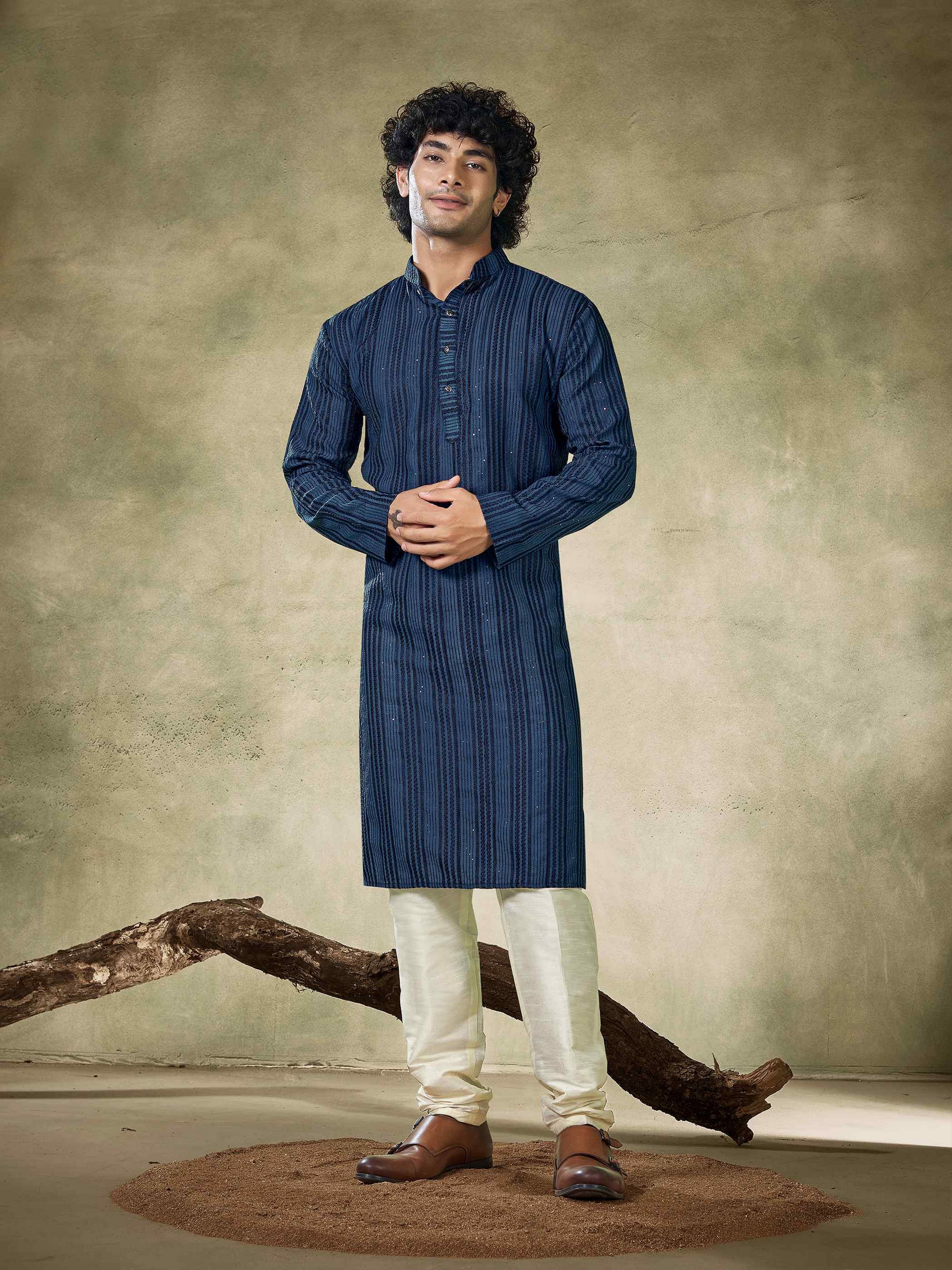 Teal Blue Viscose Kurta Payjama with Sequins – Statement Wedding Look