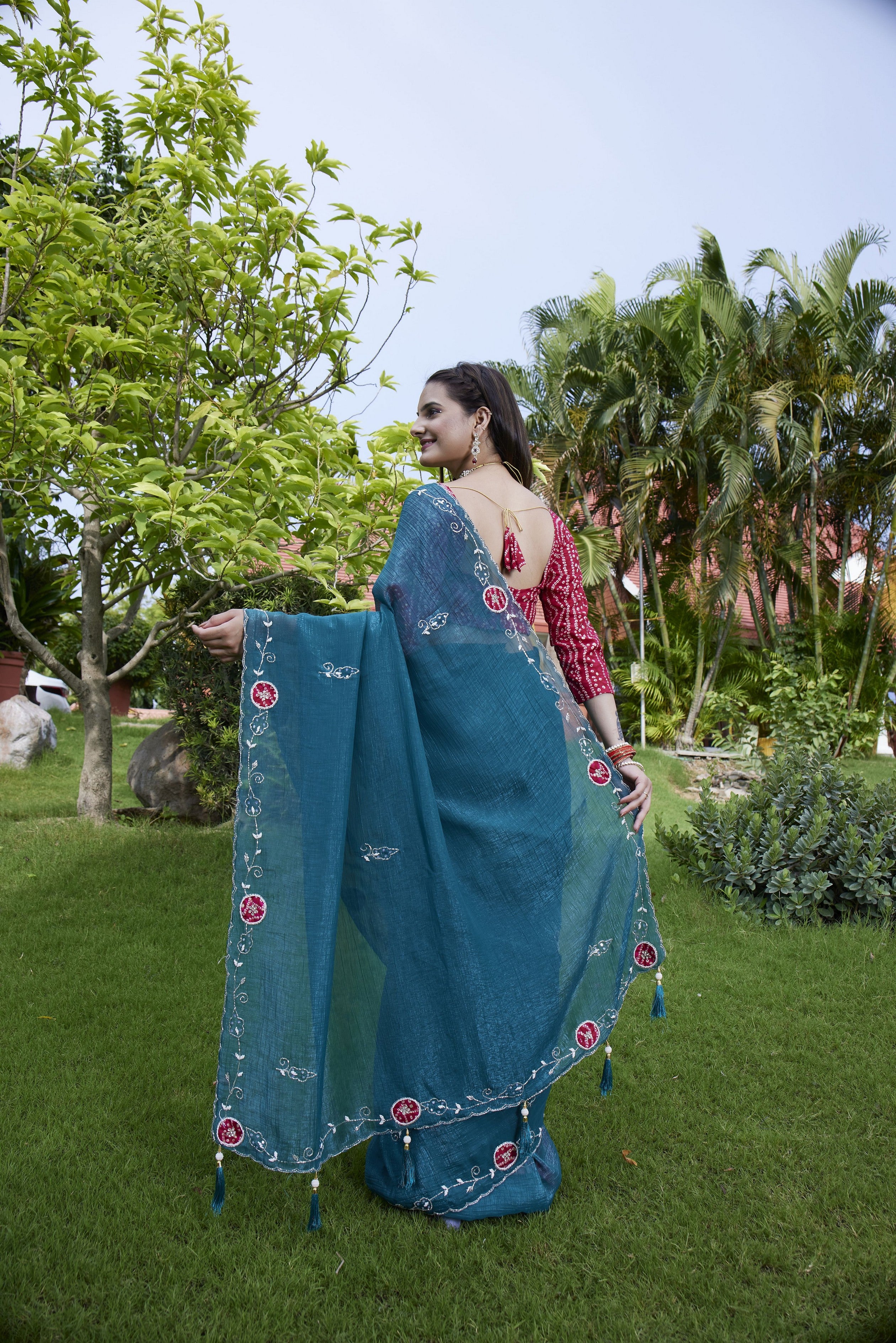 Teal Chiffon Beautiful Heavy Traditonal Rich Festive Saree