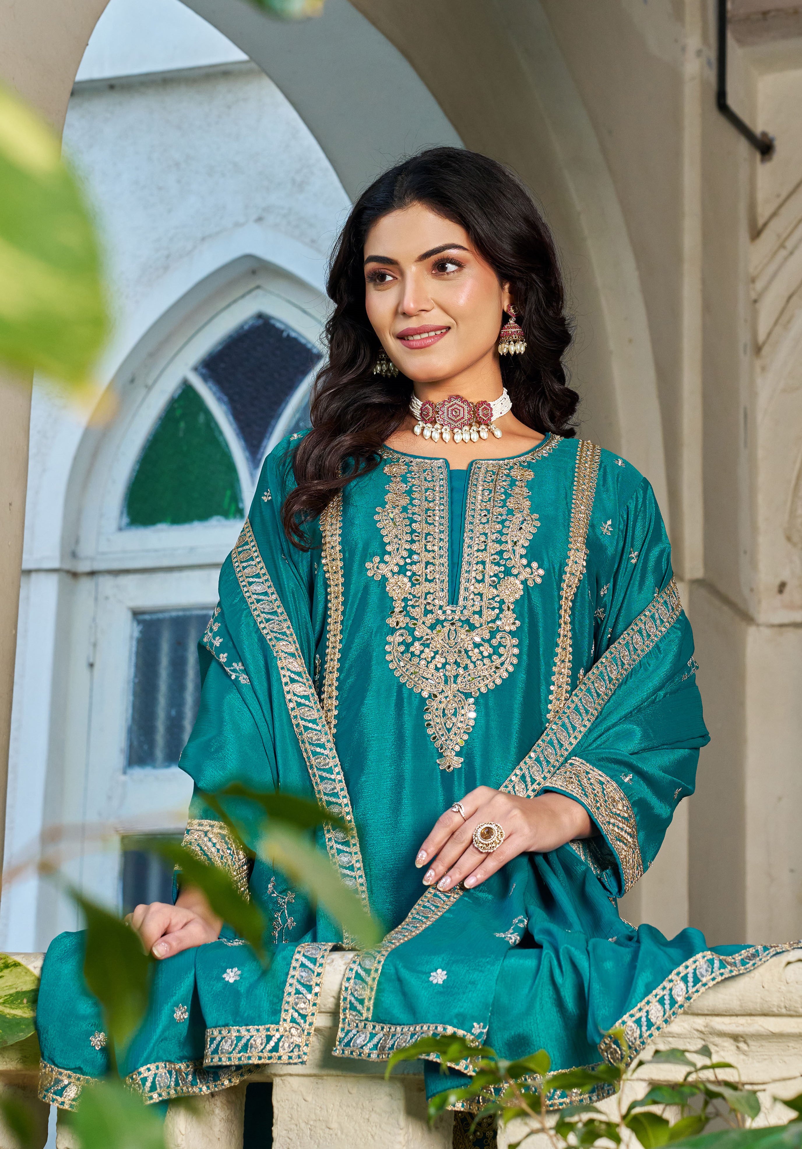 Teal Chinon Palazzo Suit With Sequin Embroidery