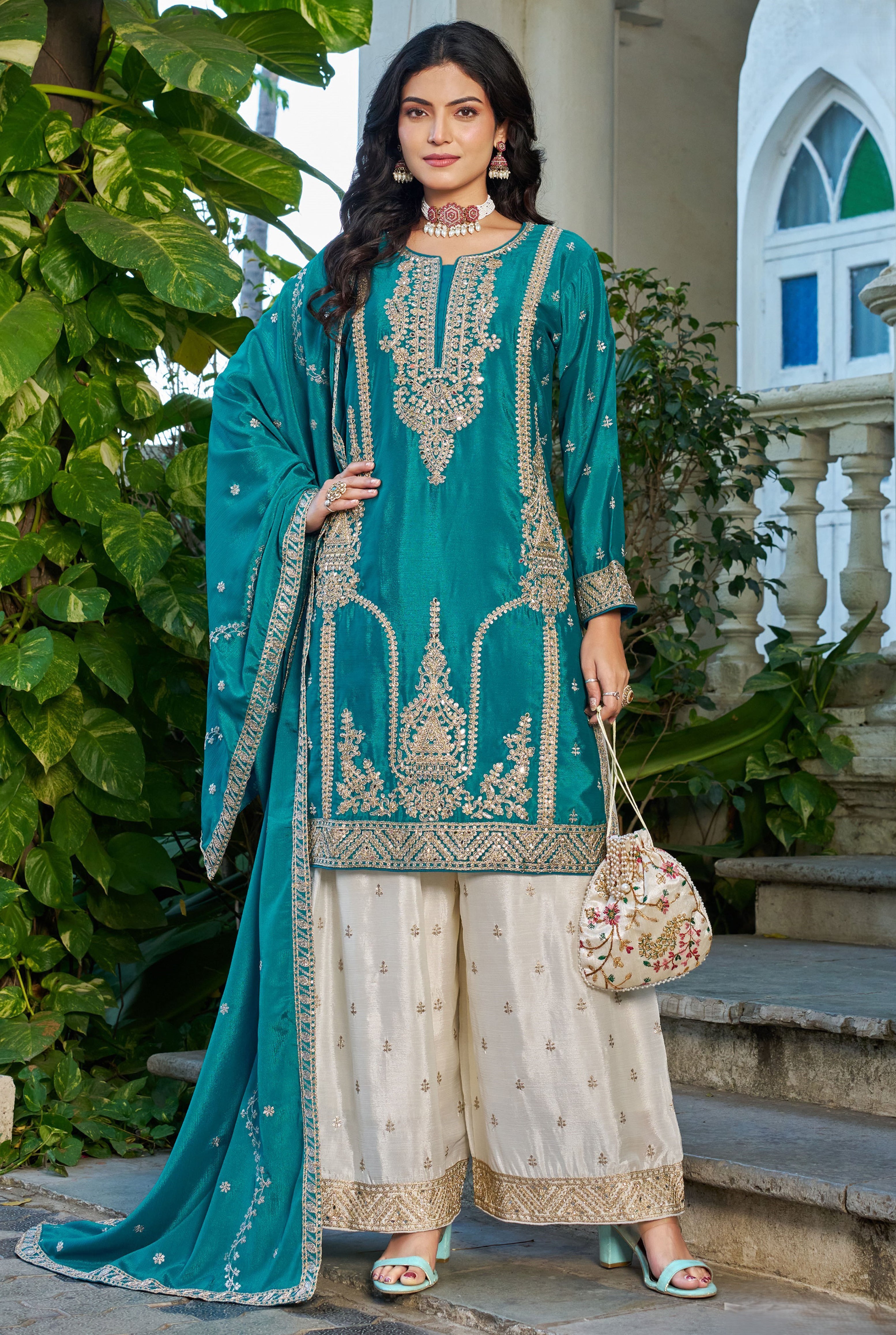 Teal Chinon Palazzo Suit With Sequin Embroidery