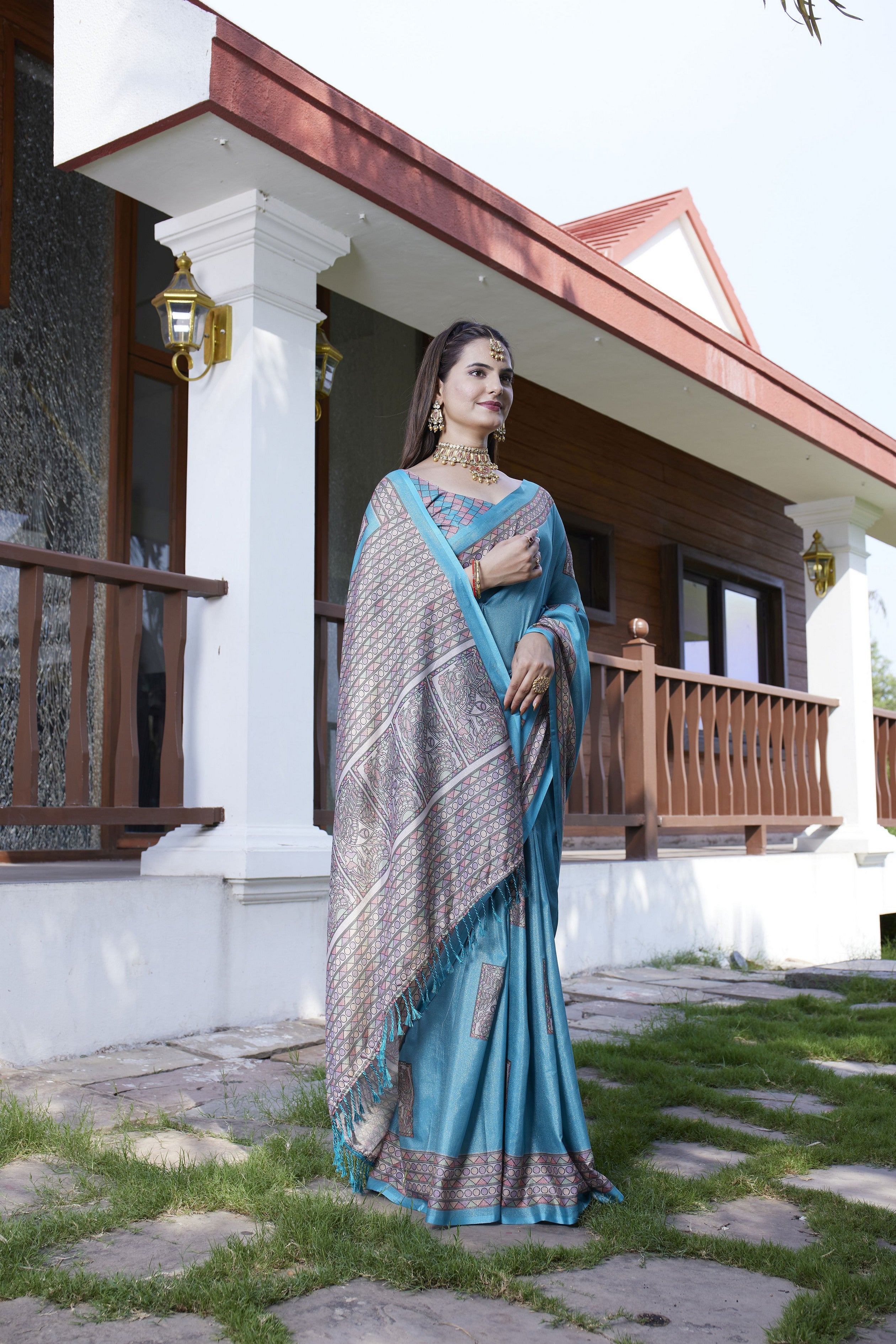 Teal Crepe Designer Partywear Saree