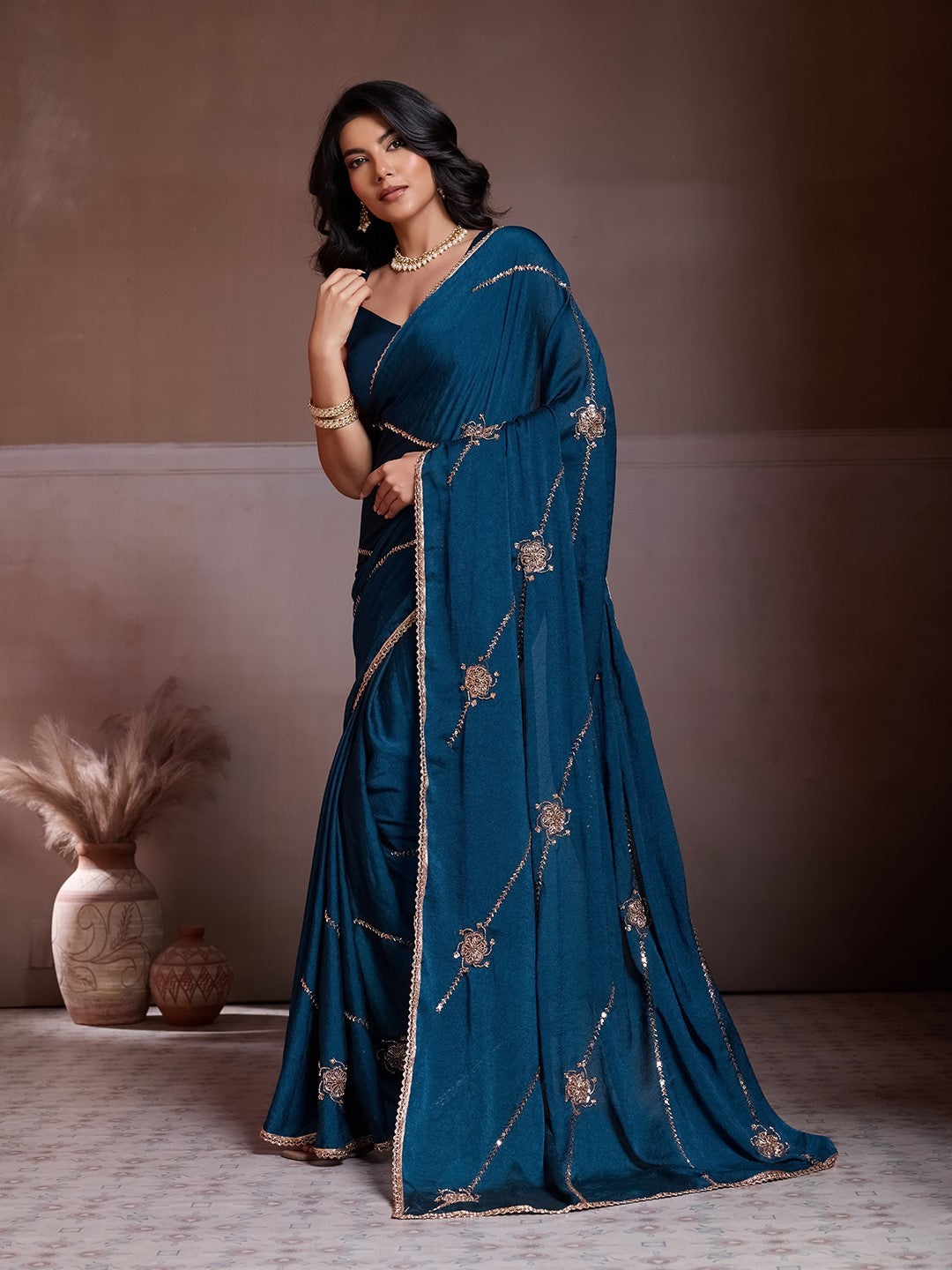 Teal Crush Silk Saree With Embroidery Festive Designer Saree