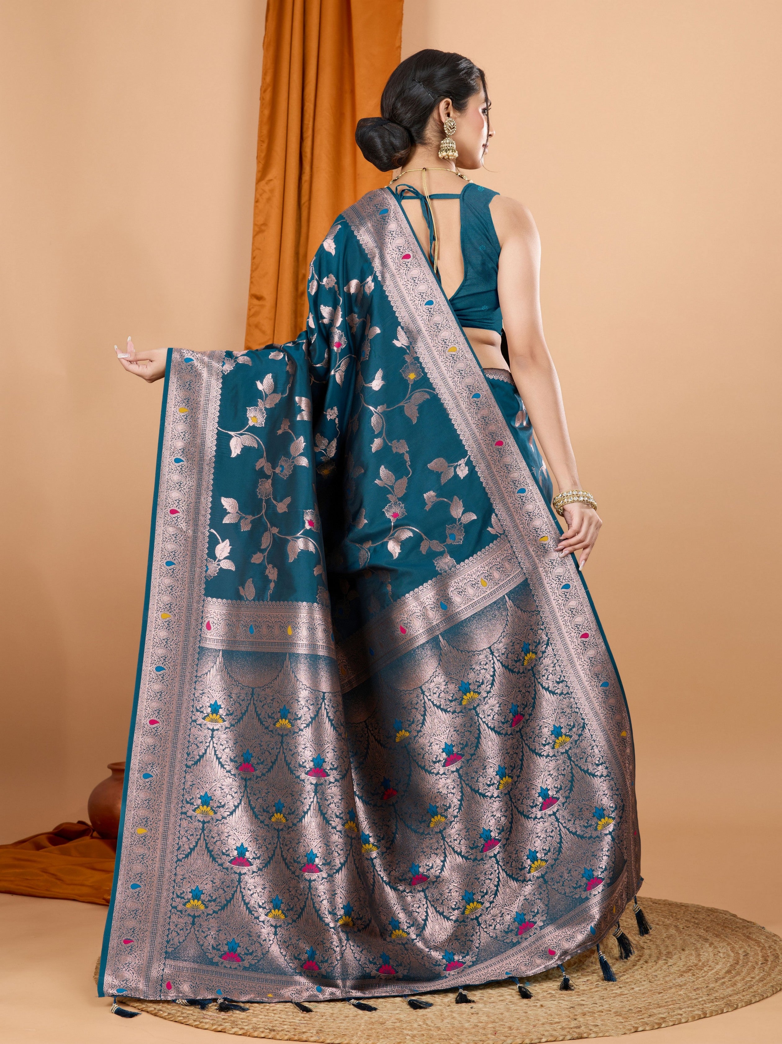 Teal Ethnic Banarasi Silk Saree With Woven Jari Designer Work