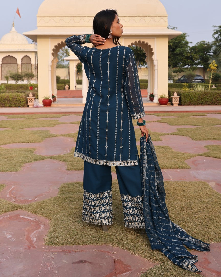 Teal Georgette Designer Suit Set With Handcrafted Embroidered Accents