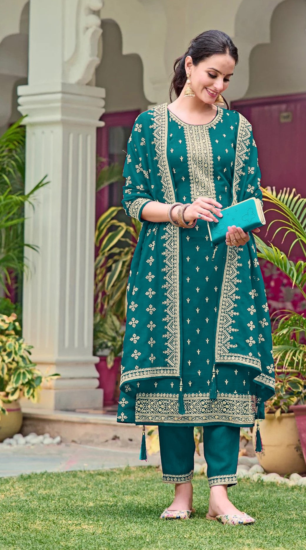 Teal Georgette Designer Suit Set With Intricate Embroidery
