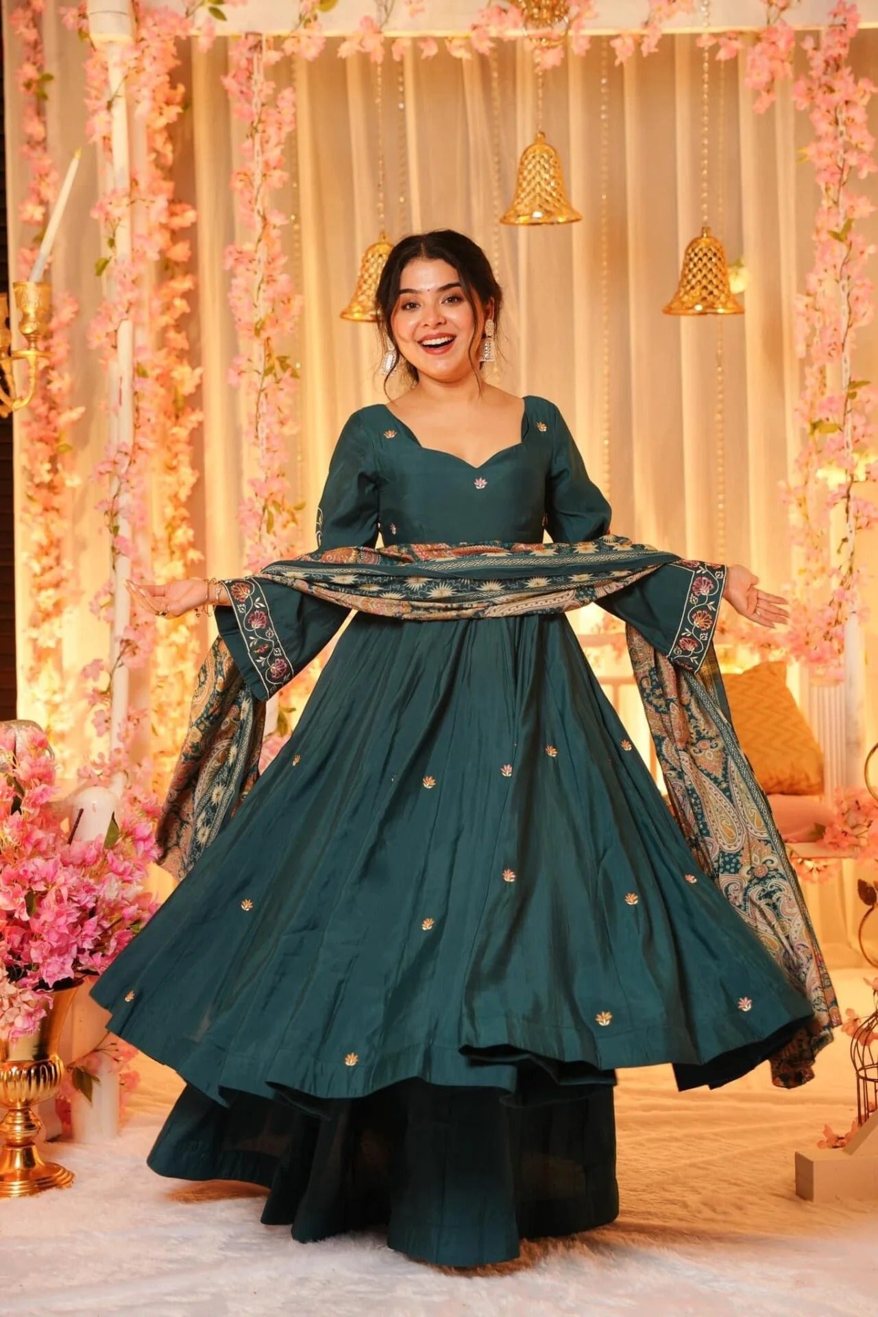 Teal Green Chanderi Kurta Sharara Set With Heavy Thread Embroidery Work With Printed Dupatta