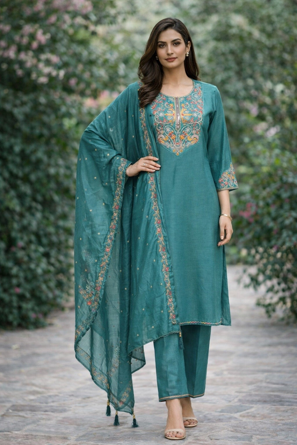 Teal Green Cotton Silk Designer Suit Set With Handcrafted Embroidery