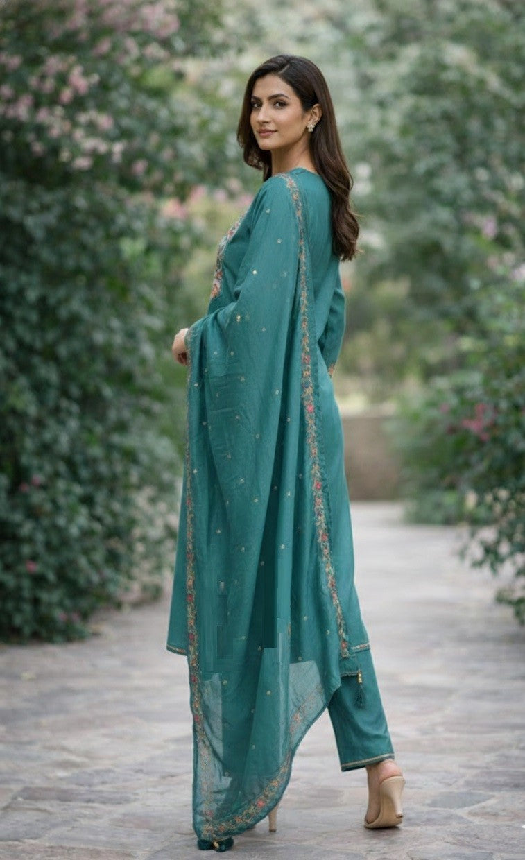 Teal Green Cotton Silk Designer Suit Set With Handcrafted Embroidery