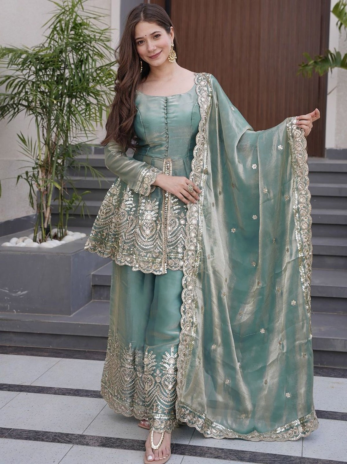 Teal Green Fandy Silk Kurta With Sharara Set  With Heavy Thread Embroidery Work