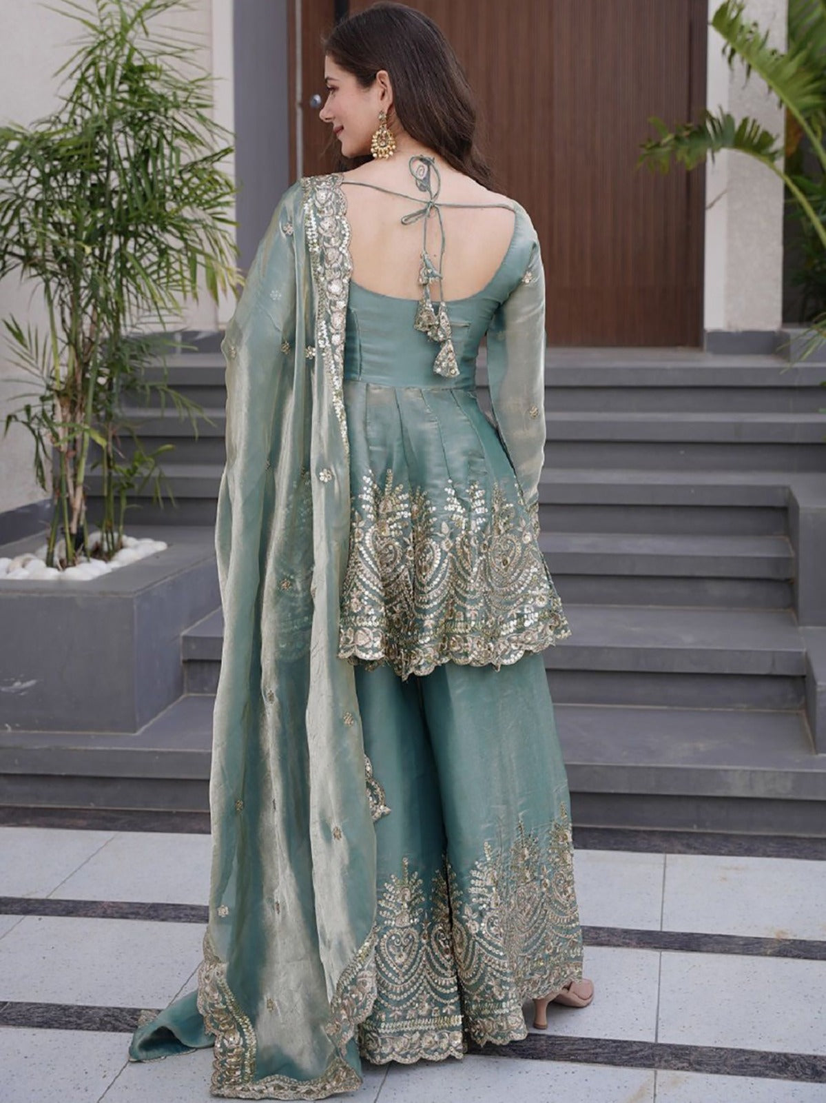 Teal Green Fandy Silk Kurta With Sharara Set  With Heavy Thread Embroidery Work