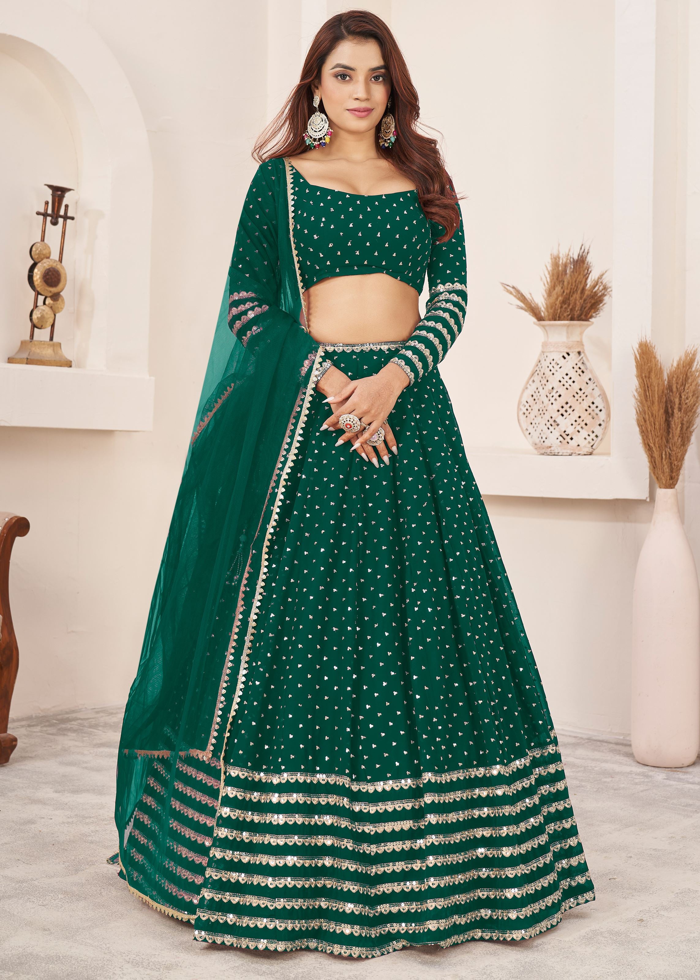 Teal Green Georgette Lehenga Choli With Sequins Zari Embroidered Work