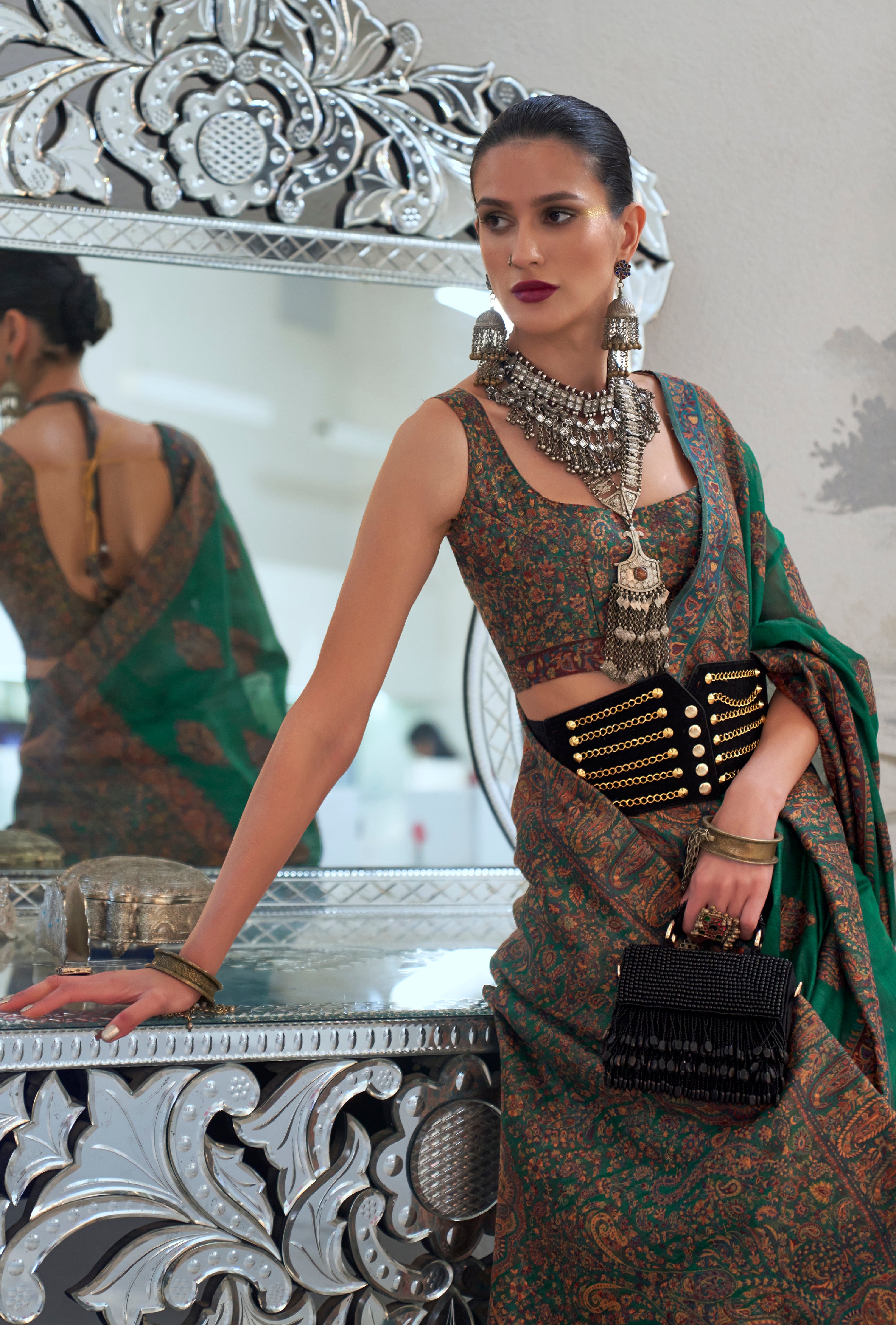Teal Green Kashmiri Silk Saree with  Woven Work
