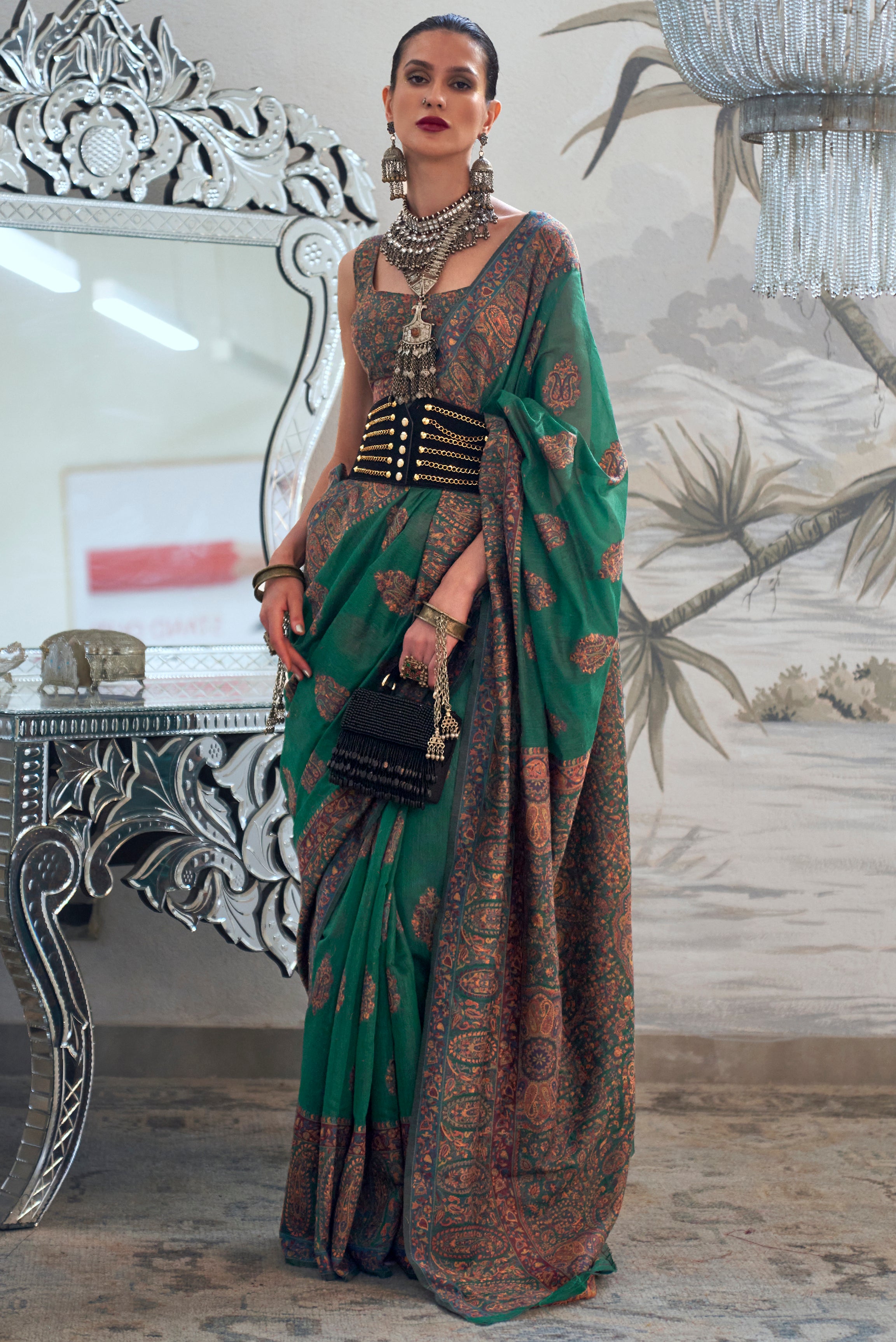 Teal Green Kashmiri Silk Saree with  Woven Work