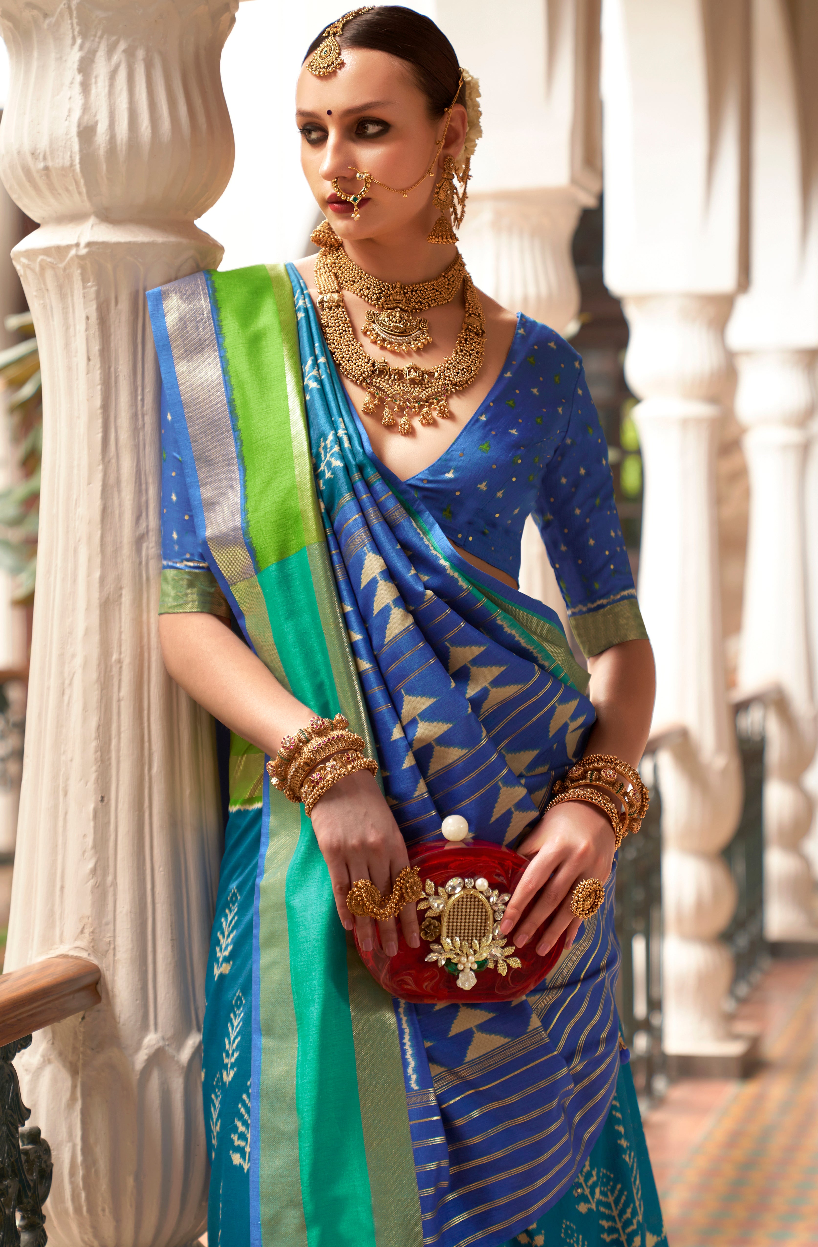Teal Green Patola Silk Saree with  Printed