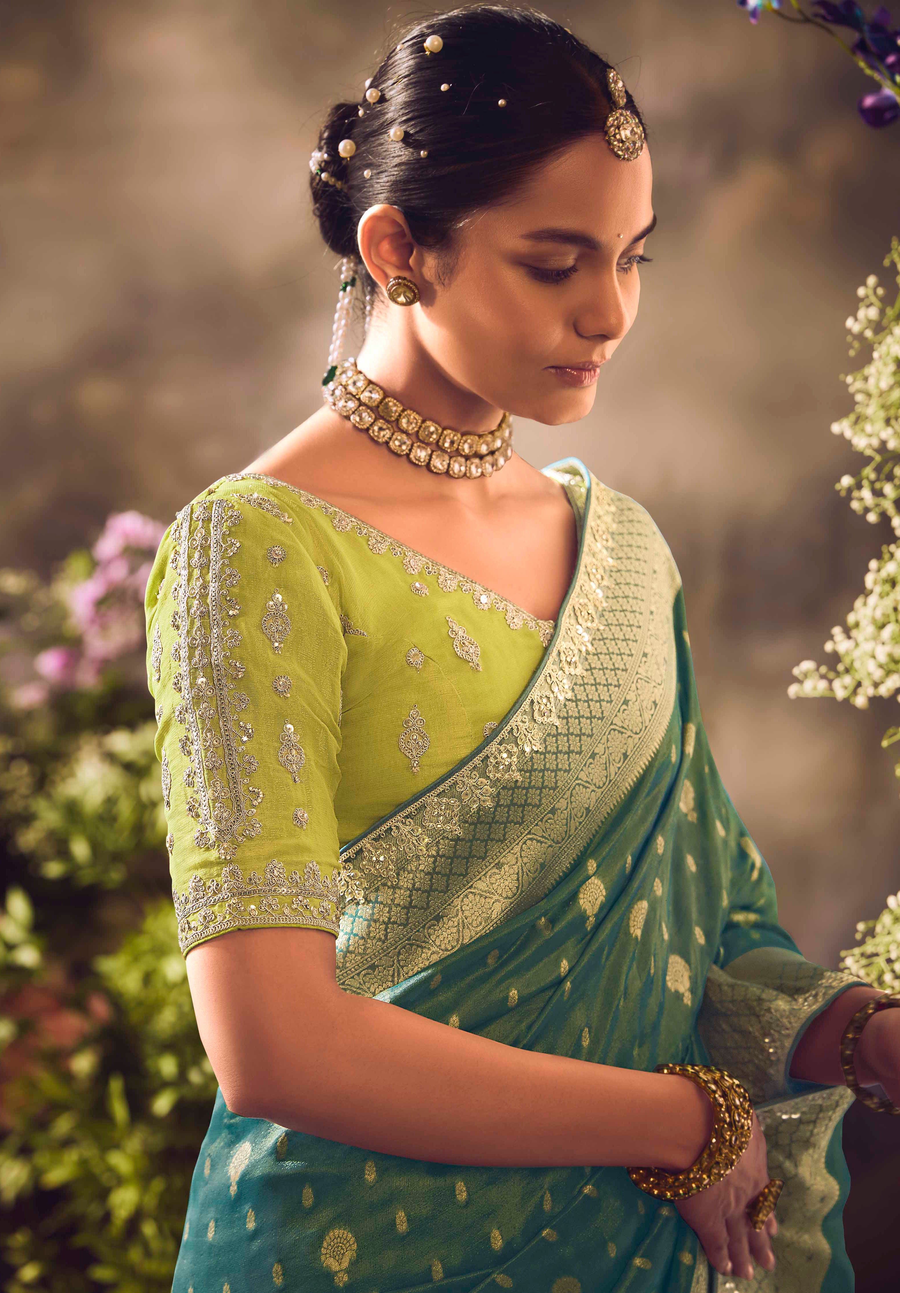 Teal Green Saree With  Jacquard Woven Work with Embroidered Lace Border
