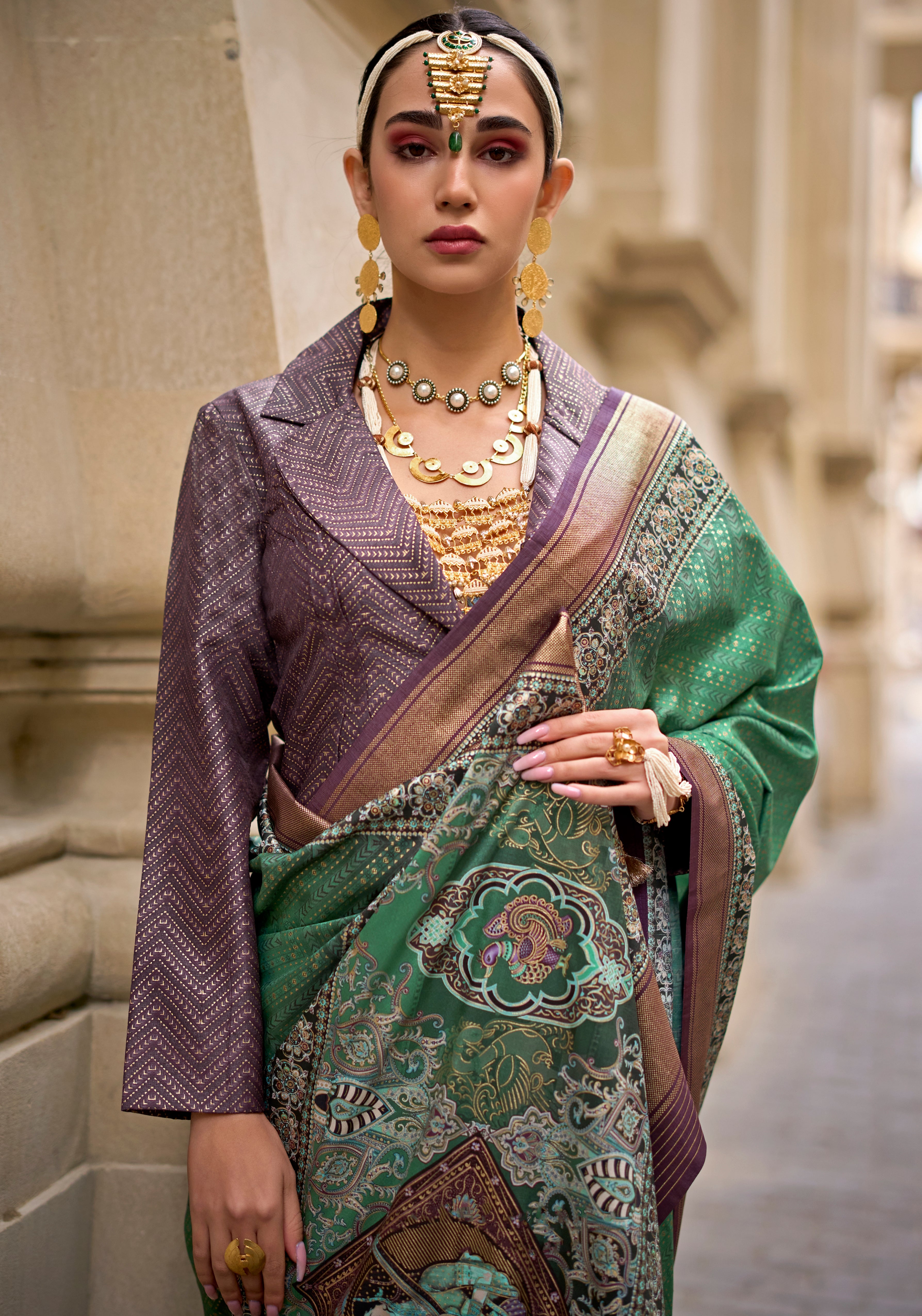 Teal Green Silk Saree With  Foil Print