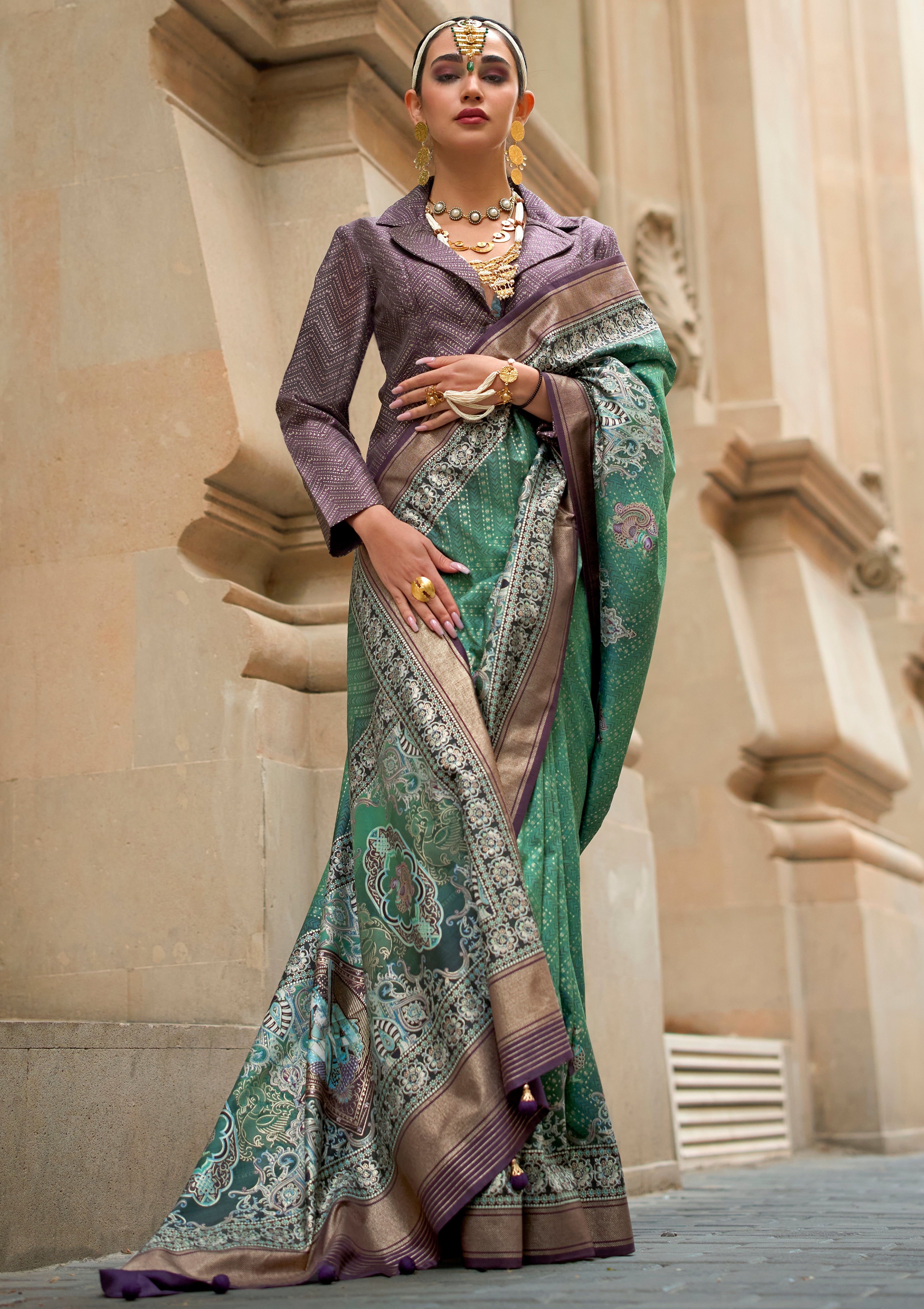 Teal Green Silk Saree With  Foil Print