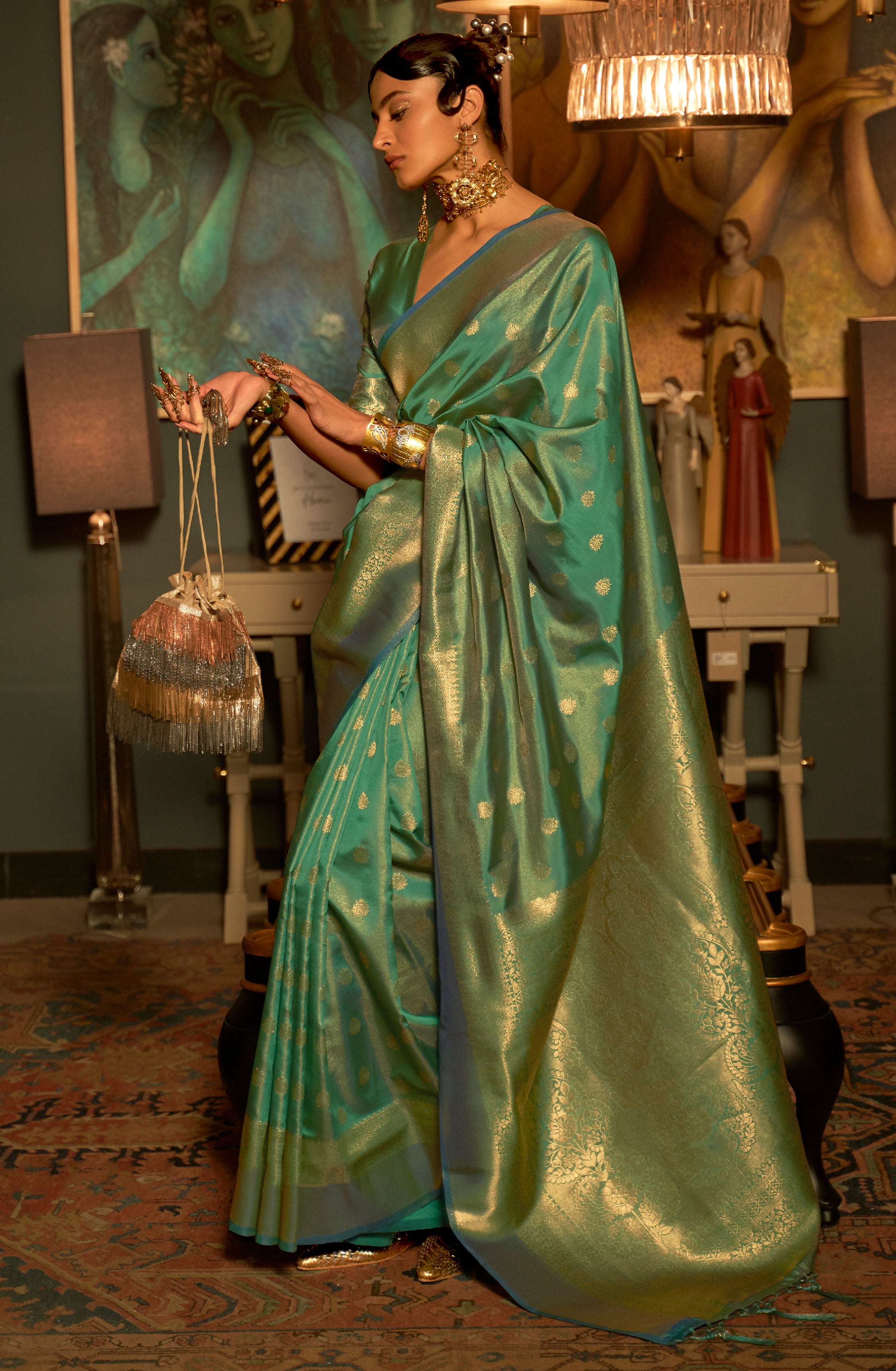 Teal Green Silk Saree with  Jacquard Woven Work