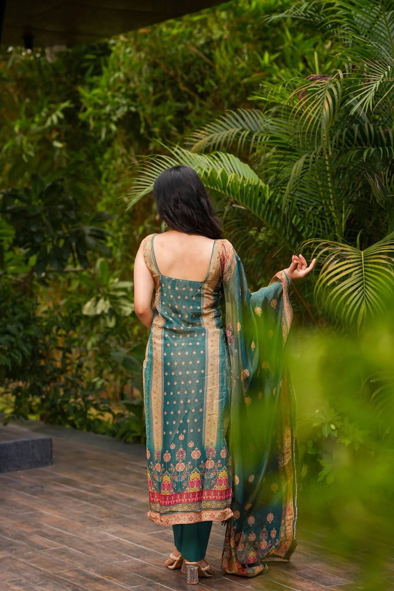 Teal Green Zarna Silk Kurta Pant Set  Printed
