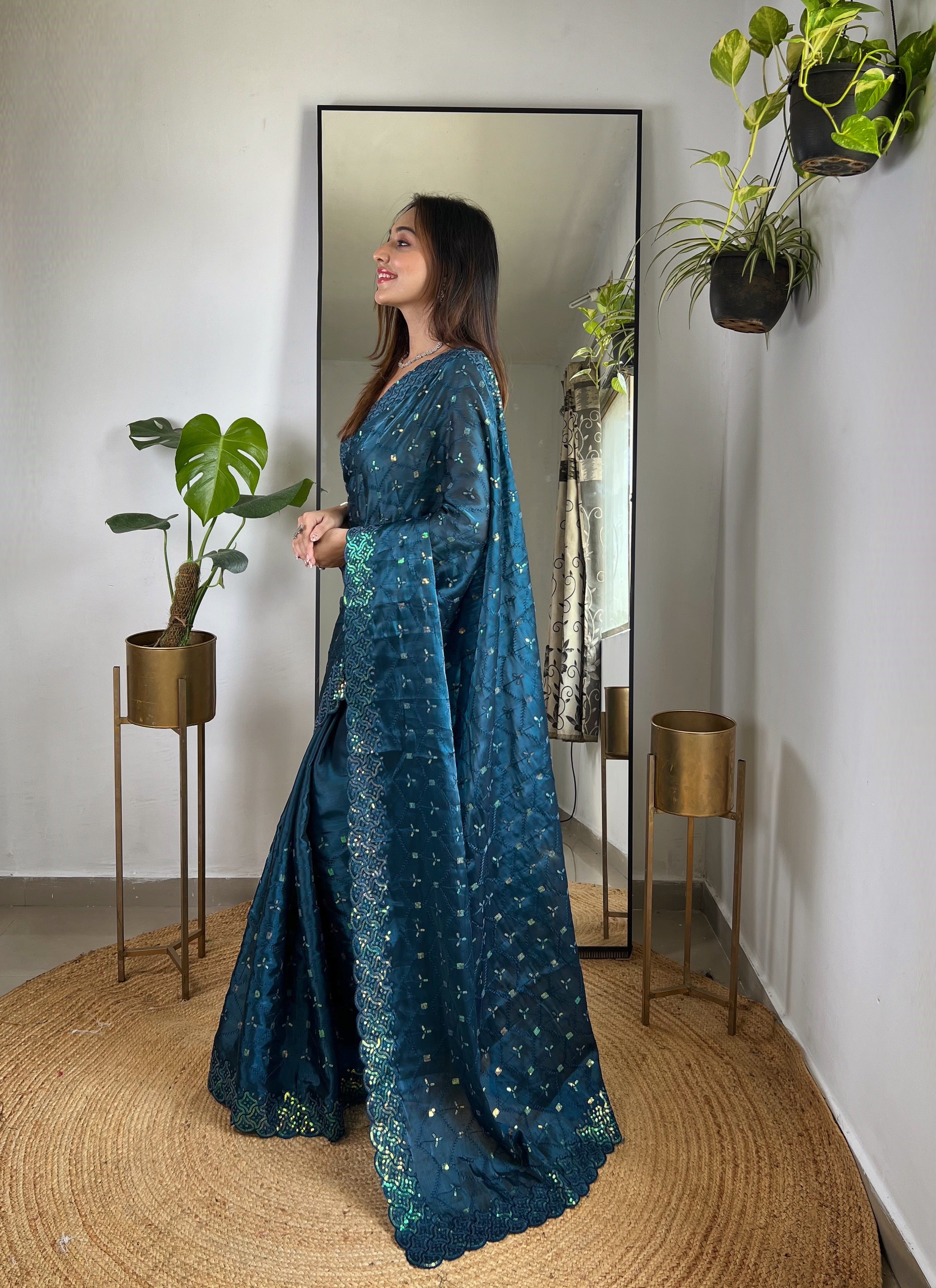Teal Jimmy Choo Fabric Designer Bollywood Sequins Work Saree