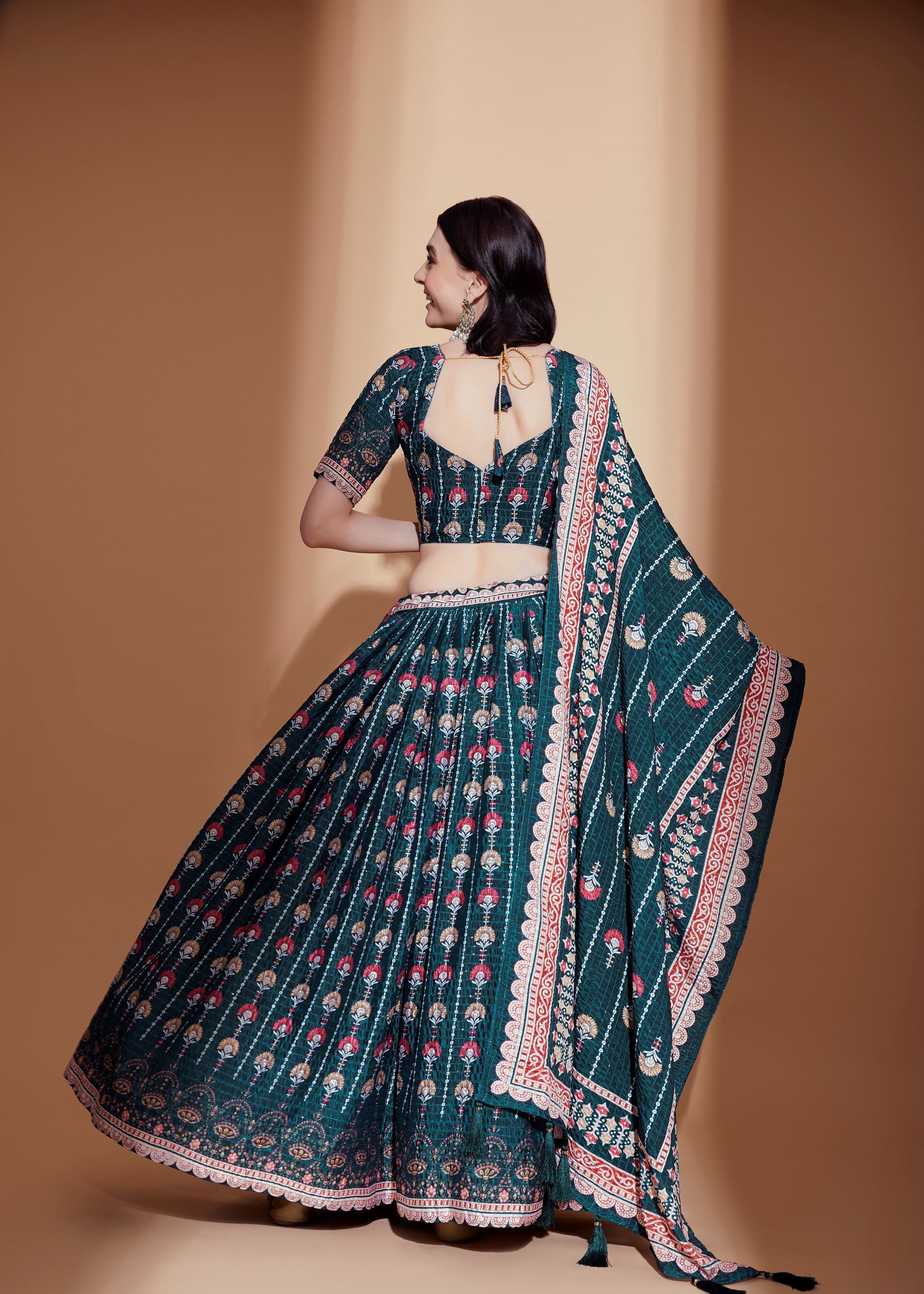 Teal Lehenga Choli With Crochet Embroidered And Digital Print Work